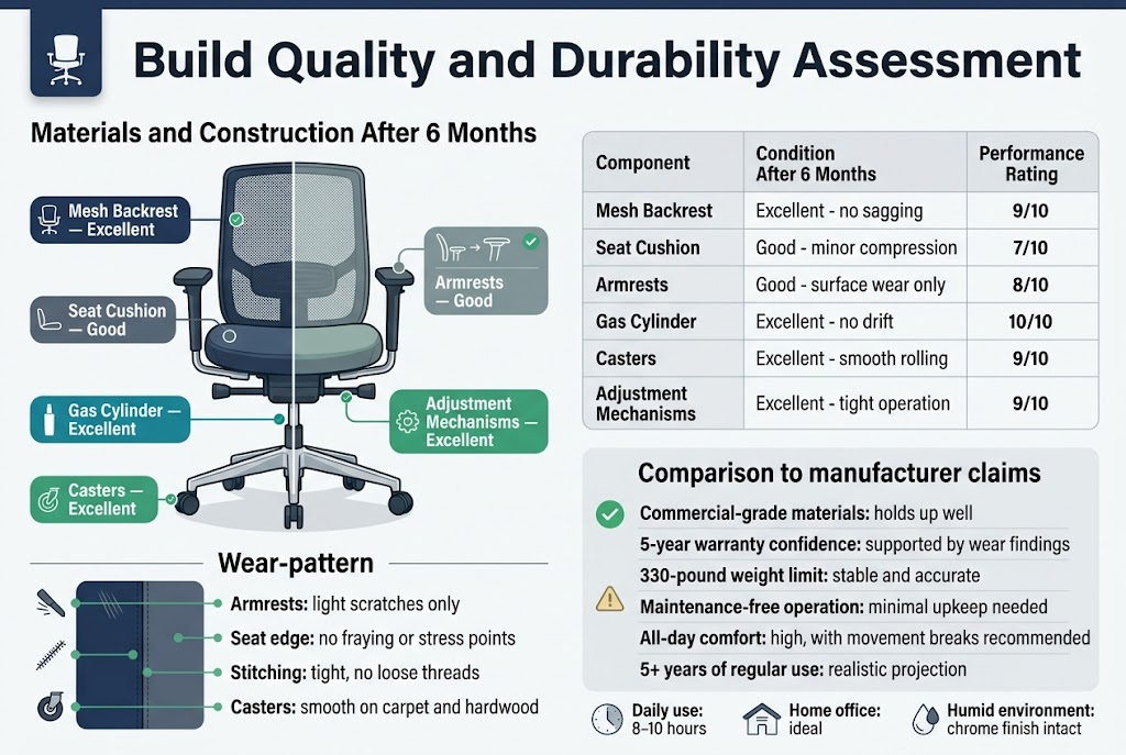 Create a clean professional infographic illustration in a 3:2 landscape aspect ratio with a full-bleed layout and no poster frame. Use a modern white background with navy, teal, gray, and subtle green accent colors. Use bold sans-serif typography, strong hierarchy, and clear section dividers. Place a large title across the top: "Build Quality and Durability Assessment". 

Arrange the infographic in wide horizontal sections and two-column blocks, not a narrow vertical stack.

Top section: a full-width header bar with a small chair icon on the left and the title centered or slightly left-aligned. Add a subtitle below in smaller text: "Materials and Construction After 6 Months".

Middle left section: a large illustrated office chair split-view showing the mesh backrest, seat cushion, armrests, base, casters, gas cylinder, and metal frame. Add colored callout labels with small icons and checkmarks:
- "Mesh Backrest — Excellent"
- "Seat Cushion — Good"
- "Armrests — Good"
- "Gas Cylinder — Excellent"
- "Casters — Excellent"
- "Adjustment Mechanisms — Excellent"

Middle right section: a neat rating table with three columns labeled "Component", "Condition After 6 Months", and "Performance Rating". Include these rows exactly:
- "Mesh Backrest | Excellent - no sagging | 9/10"
- "Seat Cushion | Good - minor compression | 7/10"
- "Armrests | Good - surface wear only | 8/10"
- "Gas Cylinder | Excellent - no drift | 10/10"
- "Casters | Excellent - smooth rolling | 9/10"
- "Adjustment Mechanisms | Excellent - tight operation | 9/10"

Lower left section: a visual wear-pattern block with small icon markers for scuffs, stitching, and wheels. Include short text blocks with bold labels:
- "Armrests: light scratches only"
- "Seat edge: no fraying or stress points"
- "Stitching: tight, no loose threads"
- "Casters: smooth on carpet and hardwood"

Lower right section: a comparison to manufacturer claims panel with a green check icon and a subtle warning icon. Include these short text lines:
- "Commercial-grade materials: holds up well"
- "5-year warranty confidence: supported by wear findings"
- "330-pound weight limit: stable and accurate"
- "Maintenance-free operation: minimal upkeep needed"
- "All-day comfort: high, with movement breaks recommended"
- "5+ years of regular use: realistic projection"

Add a small bottom strip with three minimalist icons and labels:
- "Daily use: 8-10 hours"
- "Home office: ideal"
- "Humid environment: chrome finish intact"

Use subtle shadows, clean spacing, crisp vector illustration style, and a polished editorial infographic look. Make the chair the central visual focus, with ratings and claims balanced around it. Keep all text sharp and readable.