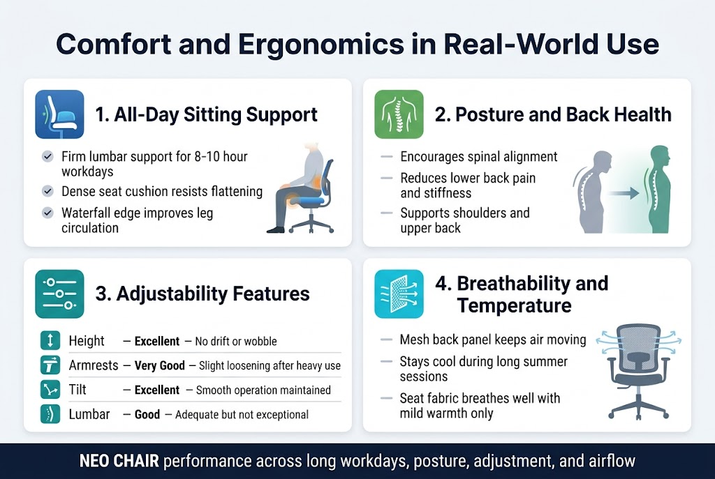 Create a clean professional infographic illustration in a 3:2 aspect ratio, full-bleed background, modern flat design, no poster frame, no inset borders, wide horizontal layout with 4 balanced content sections across the page. Use a white background with deep navy, teal, and soft gray accents, with green highlight icons and subtle blue gradients. Use bold sans-serif typography for headings and smaller readable sans-serif body text.

Top center: large bold title in dark navy text: "Comfort and Ergonomics in Real-World Use"

Below the title, arrange four wide infographic panels in a 2x2 grid with clear spacing and icons.

Top left panel: blue icon of a chair with a lumbar curve and cushion. Heading: "1. All-Day Sitting Support". Include 3 short bullet lines with small check icons:
- "Firm lumbar support for 8–10 hour workdays"
- "Dense seat cushion resists flattening"
- "Waterfall edge improves leg circulation"
Add a small visual of a seated person with a highlighted lower back and thighs.

Top right panel: green icon of a spine and shoulder line. Heading: "2. Posture and Back Health". Include 3 short bullet lines:
- "Encourages spinal alignment"
- "Reduces lower back pain and stiffness"
- "Supports shoulders and upper back"
Add a simple before/after mini graphic: slouched silhouette on the left fading into upright silhouette on the right, with an arrow between them.

Bottom left panel: teal icon of adjustable controls and armrests. Heading: "3. Adjustability Features". Show a compact rating table with four rows, clean and readable:
"Height — Excellent — No drift or wobble"
"Armrests — Very Good — Slight loosening after heavy use"
"Tilt — Excellent — Smooth operation maintained"
"Lumbar — Good — Adequate but not exceptional"
Add small icons for height lever, armrest arrows, tilt arrow, and lumbar curve beside each row.

Bottom right panel: cyan icon of airflow lines through mesh fabric. Heading: "4. Breathability and Temperature". Include 3 short bullet lines:
- "Mesh back panel keeps air moving"
- "Stays cool during long summer sessions"
- "Seat fabric breathes well with mild warmth only"
Add a simple chair graphic with visible mesh texture and curved airflow lines around the backrest.

Add a slim footer bar across the bottom in dark navy with white text: "NEO CHAIR performance across long workdays, posture, adjustment, and airflow"

Use crisp icons, subtle shadows, clear hierarchy, and plenty of whitespace. Keep all text sharp, aligned, and highly legible.