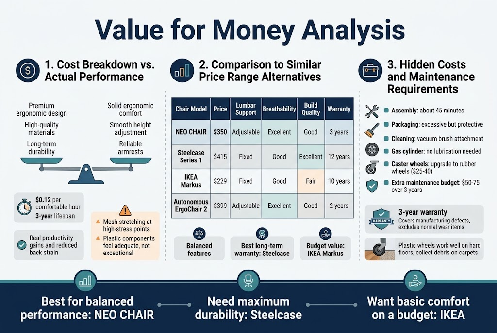 Create a clean, professional full-bleed infographic in 3:2 aspect ratio with a modern office aesthetic, white background, navy blue and teal accents, gray secondary text, and subtle orange highlights. Use bold sans-serif typography for headings and smaller readable sans-serif body text. Place a large title across the top: "Value for Money Analysis". Under the title, use a three-column horizontal layout with clear section headers and icon markers.

LEFT SECTION: "1. Cost Breakdown vs. Actual Performance"
Include a circular dollar-sign icon next to the heading. Show a simple balanced scale graphic comparing "Premium ergonomic design", "High-quality materials", and "Long-term durability" on one side versus "Solid ergonomic comfort", "Smooth height adjustment", and "Reliable armrests" on the other. Add a small callout box with a clock icon and the text: "$0.12 per comfortable hour" and below it: "3-year lifespan". Add another small note with a checkmark icon: "Real productivity gains and reduced back strain". Include a small warning triangle note: "Mesh stretching at high-stress points" and "Plastic components feel adequate, not exceptional".

CENTER SECTION: "2. Comparison to Similar Price Range Alternatives"
Use a clean comparison table with four rows and five columns. Table headers exactly: "Chair Model", "Price", "Lumbar Support", "Breathability", "Build Quality", "Warranty". Fill the rows exactly as follows:
"NEO CHAIR | $350 | Adjustable | Excellent | Good | 3 years"
"Steelcase Series 1 | $415 | Fixed | Good | Excellent | 12 years"
"IKEA Markus | $229 | Fixed | Good | Fair | 10 years"
"Autonomous ErgoChair 2 | $399 | Adjustable | Excellent | Good | 2 years"
Place a small bar chart or price tag icons beside the table showing the NEO CHAIR centered between the lower-cost IKEA Markus and higher-cost Steelcase Series 1. Add three short callout labels below the table with icons:
"Balanced features"
"Best long-term warranty: Steelcase"
"Budget value: IKEA Markus"

RIGHT SECTION: "3. Hidden Costs and Maintenance Requirements"
Use a toolbox icon next to the heading. Show a maintenance checklist with small icons: assembly wrench, vacuum brush, wheel, and shield. Include the following exact bullets:
"Assembly: about 45 minutes"
"Packaging: excessive but protective"
"Cleaning: vacuum brush attachment"
"Gas cylinder: no lubrication needed"
"Caster wheels: upgrade to rubber wheels ($25-40)"
"Extra maintenance budget: $50-75 over 3 years"
Add a small warranty badge with the text: "3-year warranty" and a smaller note beneath: "Covers manufacturing defects, excludes normal wear items". Include a small floor-wheel illustration showing hard floor vs carpet, with the caption: "Plastic wheels work well on hard floors, collect debris on carpets".

BOTTOM STRIP ACROSS FULL WIDTH:
Add a highlighted summary band with three evenly spaced icons and bold text:
"Best for balanced performance: NEO CHAIR"
"Need maximum durability: Steelcase"
"Want basic comfort on a budget: IKEA"
Use a subtle line connecting the three points like a decision path.

Style requirements: crisp vector infographic, minimal shadows, sharp edges, organized spacing, high readability, no photo realism, no decorative clutter, no vertical poster layout, no narrow centered stack, use wide horizontal sections and multi-column composition.