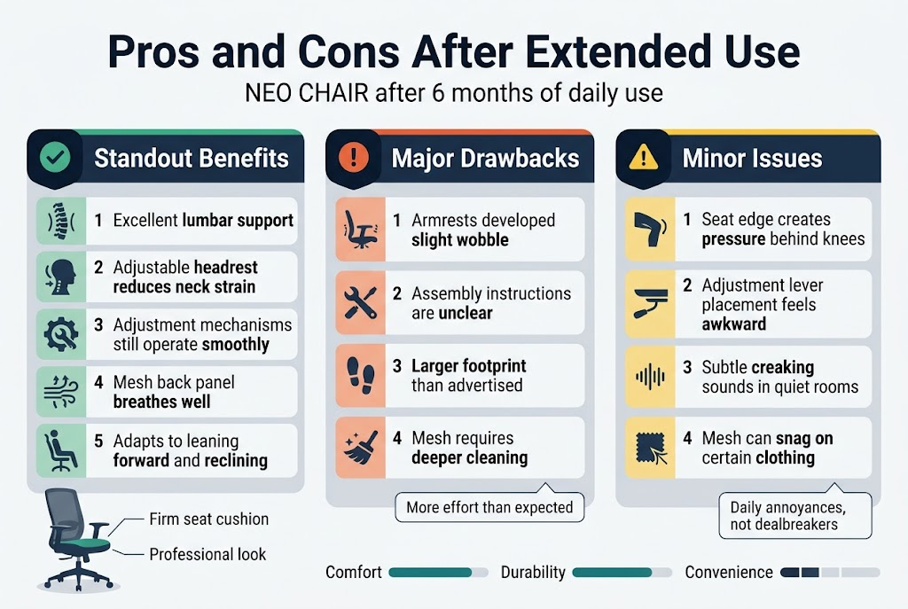 Create a clean professional infographic illustration in a 3:2 aspect ratio, full-bleed layout, wide horizontal composition with no vertical poster frame and no inset margins. Use a modern office-product style with white background, dark navy and teal accents, soft gray section panels, subtle shadows, and clear sans-serif fonts. 

Top header across the full width: large bold title text: "Pros and Cons After Extended Use" with a smaller subtitle beneath it: "NEO CHAIR after 6 months of daily use".

Below the header, arrange three wide horizontal sections in a 3-column layout, each with a colored header bar and an icon at the left of the header.

LEFT SECTION, green accent header with a checkmark icon and title: "Standout Benefits"
Include 5 numbered benefit blocks with small icons beside each point:
1. A spine/lumbar icon with text: "Excellent lumbar support"
2. A neck/headrest icon with text: "Adjustable headrest reduces neck strain"
3. A smooth gear icon with text: "Adjustment mechanisms still operate smoothly"
4. A cooling airflow icon with text: "Mesh back panel breathes well"
5. A chair posture icon with text: "Adapts to leaning forward and reclining"

At the bottom of the left section, include a small modern chair silhouette with labels: "Firm seat cushion" and "Professional look".

CENTER SECTION, orange accent header with an exclamation icon and title: "Major Drawbacks"
Include 4 numbered drawback blocks with warning icons:
1. A wobble/armrest icon with text: "Armrests developed slight wobble"
2. A wrench/manual icon with text: "Assembly instructions are unclear"
3. A footprint/floor space icon with text: "Larger footprint than advertised"
4. A dust/brush icon with text: "Mesh requires deeper cleaning"

Add a small note box beneath these points with text: "More effort than expected"

RIGHT SECTION, yellow accent header with a small warning triangle icon and title: "Minor Issues"
Include 4 numbered issue blocks with compact icons:
1. A knee pressure icon with text: "Seat edge creates pressure behind knees"
2. A lever/reach icon with text: "Adjustment lever placement feels awkward"
3. A sound wave icon with text: "Subtle creaking sounds in quiet rooms"
4. A fabric snag icon with text: "Mesh can snag on certain clothing"

At the bottom right, include a small callout box with text: "Daily annoyances, not dealbreakers"

Add a thin comparison bar running along the lower portion of the infographic with three labeled segments:
"Comfort" with a high rating visual
"Durability" with a high rating visual
"Convenience" with a mixed rating visual

Use strong visual hierarchy: large title at top, medium section headers, smaller body text, bold keywords in each point. Keep all text readable, aligned, and evenly spaced. Use clean icons and simple flat illustration style of an ergonomic office chair where appropriate. No clutter, no people, no extra text.