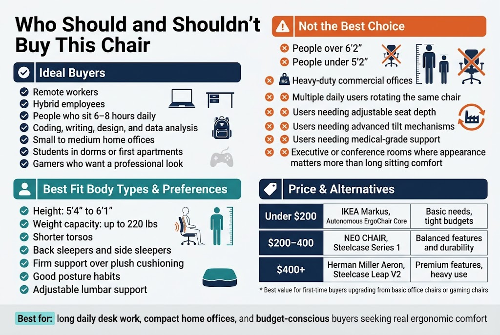 Create a full-bleed landscape infographic in a 3:2 aspect ratio with a clean professional office aesthetic, white background, deep navy headers, teal accent boxes, orange warning accents, and subtle gray dividers. Use modern sans-serif fonts with a bold title at the top left.

Top heading in large bold text: "Who Should and Shouldn’t Buy This Chair"

Below the heading, arrange the content in a wide 4-section horizontal layout with clear icons and checkmarks/cross marks.

Section 1 on the left, titled "Ideal Buyers" in a navy header bar with a checkmark icon:
- "Remote workers"
- "Hybrid employees"
- "People who sit 6–8 hours daily"
- "Coding, writing, design, and data analysis"
- "Small to medium home offices"
- "Students in dorms or first apartments"
- "Gamers who want a professional look"

Include a laptop icon, desk icon, student backpack icon, and subtle game controller icon.

Section 2 left-center, titled "Best Fit Body Types & Preferences" in a teal header bar with a human silhouette icon:
- "Height: 5'4\" to 6'1\""
- "Weight capacity: up to 220 lbs"
- "Shorter torsos"
- "Back sleepers and side sleepers"
- "Firm support over plush cushioning"
- "Good posture habits"
- "Adjustable lumbar support"

Show a seated person diagram with highlighted lumbar support, a height range ruler graphic, and a firm seat cushion icon.

Section 3 right-center, titled "Not the Best Choice" in an orange header bar with a warning triangle icon:
- "People over 6'2\""
- "People under 5'2\""
- "Heavy-duty commercial offices"
- "Multiple daily users rotating the same chair"
- "Users needing adjustable seat depth"
- "Users needing advanced tilt mechanisms"
- "Users needing medical-grade support"
- "Executive or conference rooms where appearance matters more than long sitting comfort"

Use crossed-out chair icons, tall person and short person icons, and a factory/office rotation icon.

Section 4 on the right, titled "Price & Alternatives" in a dark navy header bar with a price tag icon:
Show a simple 3-row comparison table with clean lines and bold price bands:
- "Under $200" | "IKEA Markus, Autonomous ErgoChair Core" | "Basic needs, tight budgets"
- "$200–400" | "NEO CHAIR, Steelcase Series 1" | "Balanced features and durability"
- "$400+" | "Herman Miller Aeron, Steelcase Leap V2" | "Premium features, heavy use"

Add a small note beneath the table in smaller text: "Best value for first-time buyers upgrading from basic office chairs or gaming chairs"

At the bottom, include a compact summary banner with a highlighted teal box and bold text:
"Best for: long daily desk work, compact home offices, and budget-conscious buyers seeking real ergonomic comfort"

Use neat alignment, clear spacing, icon-based visual markers, and a polished corporate infographic style. No frame, no border, no poster mockup, no 3D scene, no photography.