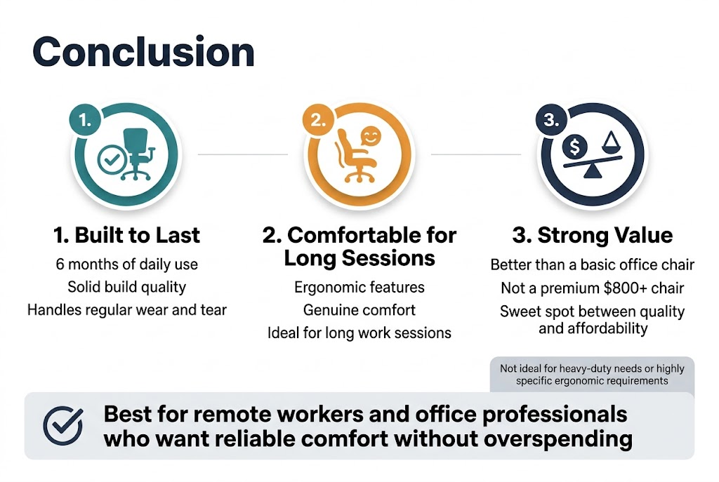 Create a clean, professional infographic illustration in a 3:2 aspect ratio, full-bleed layout with no frame, using a modern white background with dark navy, teal, and warm orange accent colors. Use a bold sans-serif font for headings and a readable sans-serif font for body text. Place a large bold title at the top left: "Conclusion".

Arrange the content in three wide horizontal sections across the page, each with a numbered circle icon and a simple visual symbol:

Left section:
A teal circular icon with a checkmark and a chair silhouette.
Heading text: "1. Built to Last"
Body text: "6 months of daily use"
"Solid build quality"
"Handles regular wear and tear"

Center section:
An orange circular icon with a comfort/ergonomic chair symbol.
Heading text: "2. Comfortable for Long Sessions"
Body text: "Ergonomic features"
"Genuine comfort"
"Ideal for long work sessions"

Right section:
A navy circular icon with a dollar sign and balance scale.
Heading text: "3. Strong Value"
Body text: "Better than a basic office chair"
"Not a premium $800+ chair"
"Sweet spot between quality and affordability"

Along the bottom, add a wide highlighted summary band with a subtle light gray background and a checkmark icon on the left. Include this text in bold:
"Best for remote workers and office professionals who want reliable comfort without overspending"

Add a small caution note in a muted gray box near the lower right:
"Not ideal for heavy-duty needs or highly specific ergonomic requirements"

Use clean spacing, simple geometric dividers, subtle shadows, and strong visual hierarchy. Keep the layout balanced and horizontal, with no vertical poster stack.