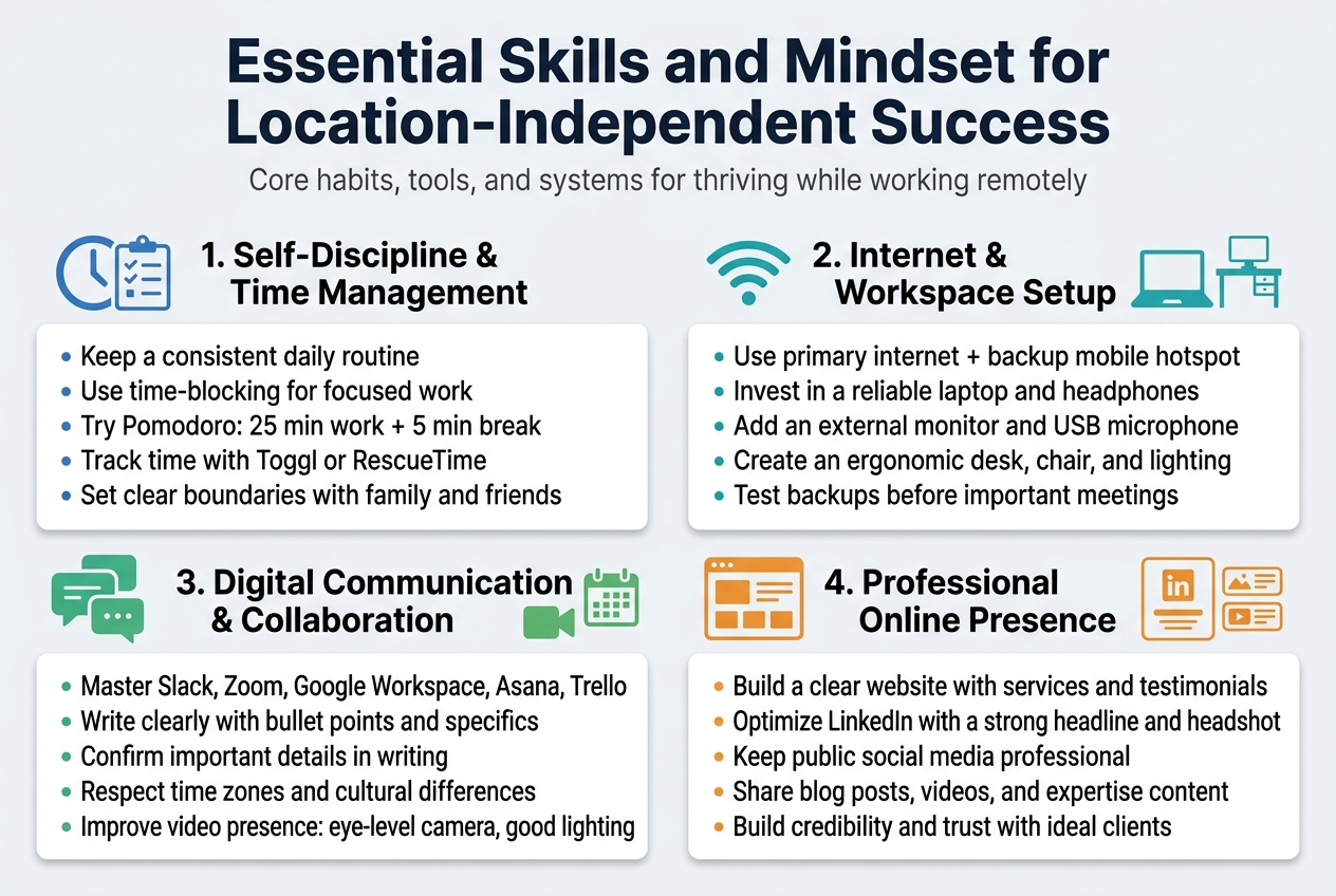 Create a clean professional infographic illustration in a 3:2 aspect ratio, full-bleed layout with no border or poster frame, using a wide 2x2 grid of sections across the canvas.

Top center: bold large title in dark navy sans-serif font:
"Essential Skills and Mindset for Location-Independent Success"

Under the title, a small subtitle line in medium gray:
"Core habits, tools, and systems for thriving while working remotely"

Main content area: four balanced horizontal sections with numbered headers, each section using a distinct icon and simple modern flat design, white background with light gray dividers, accents in blue, teal, green, and orange.

Section 1 on upper left with a clock and checklist icon:
"1. Self-Discipline & Time Management"
Bullets:
"• Keep a consistent daily routine"
"• Use time-blocking for focused work"
"• Try Pomodoro: 25 min work + 5 min break"
"• Track time with Toggl or RescueTime"
"• Set clear boundaries with family and friends"

Section 2 on upper right with a Wi-Fi signal, laptop, and desk icon:
"2. Internet & Workspace Setup"
Bullets:
"• Use primary internet + backup mobile hotspot"
"• Invest in a reliable laptop and headphones"
"• Add an external monitor and USB microphone"
"• Create an ergonomic desk, chair, and lighting"
"• Test backups before important meetings"

Section 3 on lower left with chat bubbles, video camera, and calendar icon:
"3. Digital Communication & Collaboration"
Bullets:
"• Master Slack, Zoom, Google Workspace, Asana, Trello"
"• Write clearly with bullet points and specifics"
"• Confirm important details in writing"
"• Respect time zones and cultural differences"
"• Improve video presence: eye-level camera, good lighting"

Section 4 on lower right with a website window, LinkedIn profile card, and content icons:
"4. Professional Online Presence"
Bullets:
"• Build a clear website with services and testimonials"
"• Optimize LinkedIn with a strong headline and headshot"
"• Keep public social media professional"
"• Share blog posts, videos, and expertise content"
"• Build credibility and trust with ideal clients"

Design details: use bold section headings, smaller readable bullet text, simple icons beside each heading, subtle shadowed content cards, ample spacing, modern corporate color palette, clean sans-serif typography, strong hierarchy, and a polished infographic style with wide horizontal balance across the full canvas.