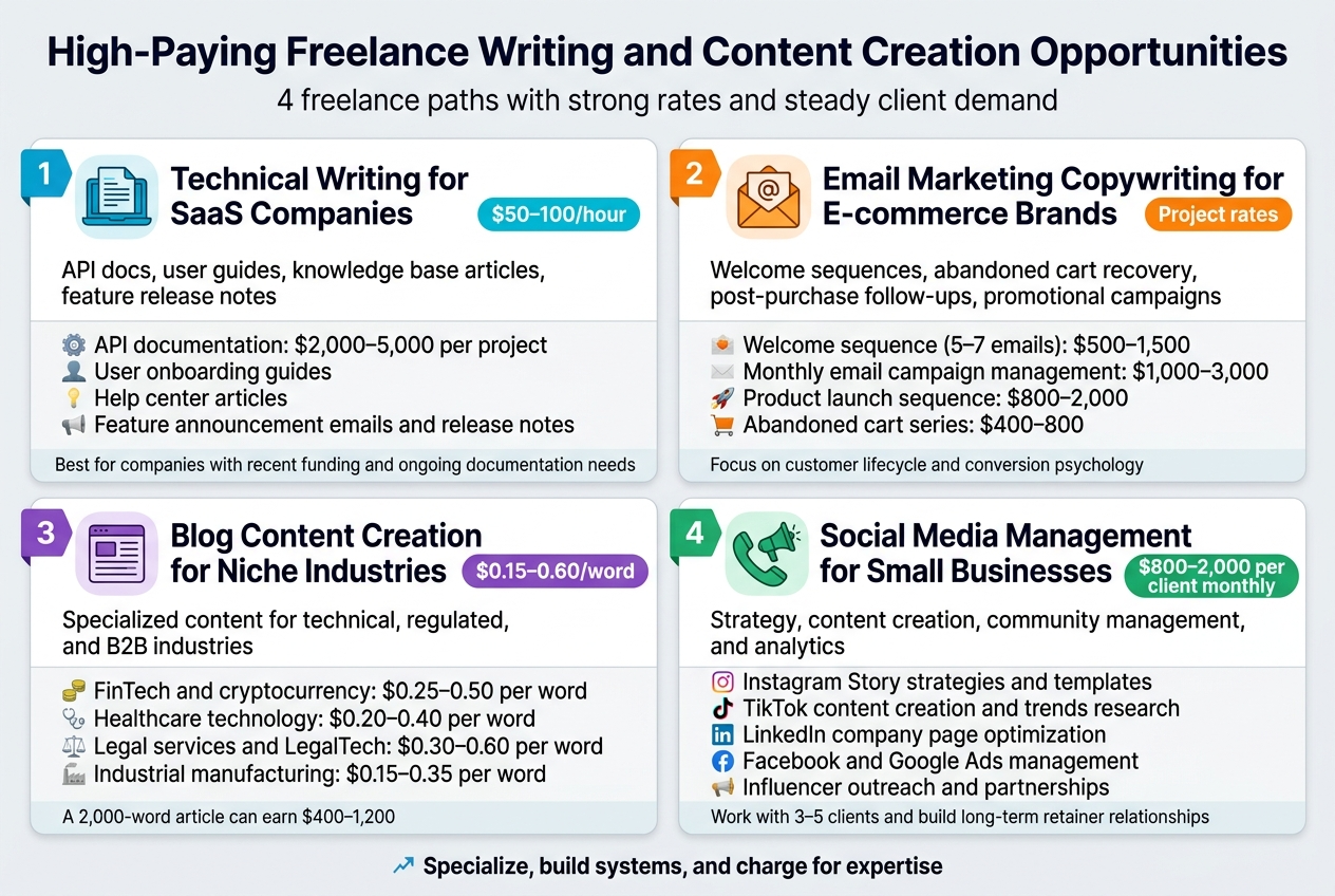 Create a clean, professional full-bleed infographic in aspect ratio 3:2 with a wide horizontal layout, no poster frame, no inset margins, and no narrow centered stack. Use a modern sans-serif font, bold dark navy headings, teal and orange accent colors, light gray background, white section cards with subtle shadows, and clear visual hierarchy.

TOP HEADER:
Large bold title across the top: "High-Paying Freelance Writing and Content Creation Opportunities"
Small subtitle beneath it in medium text: "4 freelance paths with strong rates and steady client demand"

MAIN BODY:
Arrange 4 wide content blocks in a 2x2 grid across the center, each with a colored number badge, a matching icon, a bold section title, short descriptive text, and a rate callout.

1) TOP LEFT BLOCK
Blue badge with number "1" and a laptop/document icon.
Title: "Technical Writing for SaaS Companies"
Rate callout in a bright teal pill: "$50–100/hour"
Short text: "API docs, user guides, knowledge base articles, feature release notes"
Bullet strip with small icons:
- "API documentation: $2,000–5,000 per project"
- "User onboarding guides"
- "Help center articles"
- "Feature announcement emails and release notes"
Small footer note in light text: "Best for companies with recent funding and ongoing documentation needs"

2) TOP RIGHT BLOCK
Orange badge with number "2" and an email envelope icon.
Title: "Email Marketing Copywriting for E-commerce Brands"
Rate callout in a bright orange pill: "Project rates"
Short text: "Welcome sequences, abandoned cart recovery, post-purchase follow-ups, promotional campaigns"
Bullet strip with small icons:
- "Welcome sequence (5–7 emails): $500–1,500"
- "Monthly email campaign management: $1,000–3,000"
- "Product launch sequence: $800–2,000"
- "Abandoned cart series: $400–800"
Small footer note in light text: "Focus on customer lifecycle and conversion psychology"

3) BOTTOM LEFT BLOCK
Purple badge with number "3" and a blog/article icon.
Title: "Blog Content Creation for Niche Industries"
Rate callout in a purple pill: "$0.15–0.60/word"
Short text: "Specialized content for technical, regulated, and B2B industries"
Bullet strip with small icons:
- "FinTech and cryptocurrency: $0.25–0.50 per word"
- "Healthcare technology: $0.20–0.40 per word"
- "Legal services and LegalTech: $0.30–0.60 per word"
- "Industrial manufacturing: $0.15–0.35 per word"
Small footer note in light text: "A 2,000-word article can earn $400–1,200"

4) BOTTOM RIGHT BLOCK
Green badge with number "4" and a social media phone/megaphone icon.
Title: "Social Media Management for Small Businesses"
Rate callout in a green pill: "$800–2,000 per client monthly"
Short text: "Strategy, content creation, community management, and analytics"
Bullet strip with small icons:
- "Instagram Story strategies and templates"
- "TikTok content creation and trends research"
- "LinkedIn company page optimization"
- "Facebook and Google Ads management"
- "Influencer outreach and partnerships"
Small footer note in light text: "Work with 3–5 clients and build long-term retainer relationships"

BOTTOM STRIP:
Across the full width at the bottom, add a slim highlight bar with a small upward arrow icon and the text:
"Specialize, build systems, and charge for expertise"

STYLE DETAILS:
Use simple flat vector icons, crisp spacing, strong alignment, and clear section dividers. Keep all text highly legible and balanced. Make the layout feel polished, modern, and business-focused with a subtle growth-and-income theme.