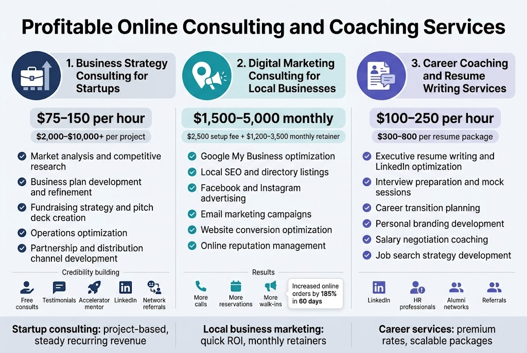 Create a clean, professional full-bleed infographic illustration in 3:2 aspect ratio with a modern flat design, white background, blue and teal accent colors, subtle gray dividers, and bold sans-serif typography. Place a large title across the top: “Profitable Online Consulting and Coaching Services”. Under the title, split the canvas into three wide horizontal columns with distinct section headers, each with a colored circular icon and numbered label.

Left column: a navy icon of a briefcase and upward arrow. Header text: “1. Business Strategy Consulting for Startups”. Include a bold callout box near the top: “$75–150 per hour” and another smaller callout: “$2,000–$10,000+ per project”. Add bullet points with small check icons:
“Market analysis and competitive research”
“Business plan development and refinement”
“Fundraising strategy and pitch deck creation”
“Operations optimization”
“Partnership and distribution channel development”
At the bottom, include a small row of icons for credibility building: “Free consults”, “Testimonials”, “Accelerator mentor”, “LinkedIn”, “Network referrals”.

Center column: a teal icon of a location pin and megaphone. Header text: “2. Digital Marketing Consulting for Local Businesses”. Include a bold callout box: “$1,500–5,000 monthly” and a smaller line: “$2,500 setup fee + $1,200–3,500 monthly retainer”. Add bullet points:
“Google My Business optimization”
“Local SEO and directory listings”
“Facebook and Instagram advertising”
“Email marketing campaigns”
“Website conversion optimization”
“Online reputation management”
Add a small results strip with metric-style badges: “More calls”, “More reservations”, “More walk-ins”, and a sample result card reading: “Increased online orders by 185% in 60 days”.

Right column: a purple icon of a resume page and chat bubble. Header text: “3. Career Coaching and Resume Writing Services”. Include a bold callout box: “$100–250 per hour” and another: “$300–800 per resume package”. Add bullet points:
“Executive resume writing and LinkedIn optimization”
“Interview preparation and mock sessions”
“Career transition planning”
“Personal branding development”
“Salary negotiation coaching”
“Job search strategy development”
Add a bottom row of small icons and text: “LinkedIn”, “HR professionals”, “Alumni networks”, “Referrals”.

Across the bottom of the full infographic, add a thin summary band with three key earnings highlights in large text blocks:
“Startup consulting: project-based, steady recurring revenue”
“Local business marketing: quick ROI, monthly retainers”
“Career services: premium rates, scalable packages”

Use clean spacing, aligned grids, clear section hierarchy, crisp icons, and high readability. No decorative border, no poster frame, no inset margins, no extra text outside the specified labels.