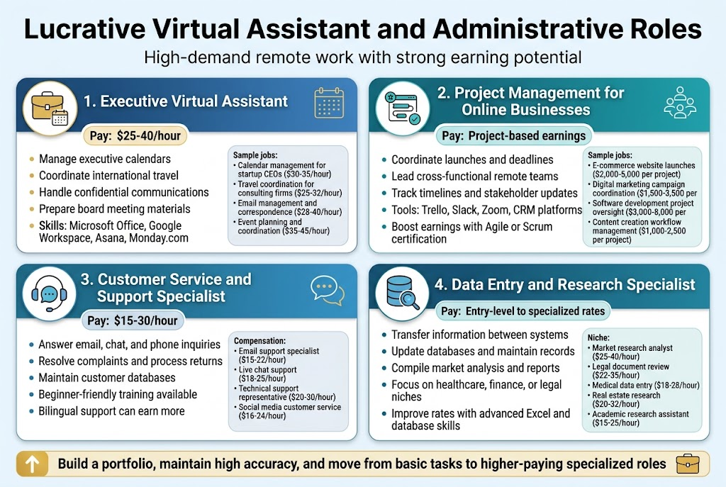 Create a clean, professional full-bleed landscape infographic in 3:2 aspect ratio with a modern corporate style, blue, teal, white, and gold accents, subtle gradients, crisp sans-serif typography, and strong visual hierarchy. Place a bold top heading across the full width: "Lucrative Virtual Assistant and Administrative Roles". Add a smaller subtitle beneath it: "High-demand remote work with strong earning potential".

Use a 2x2 grid of four wide horizontal sections across the middle and lower area, each with a distinct colored header bar, a simple icon, and concise bullet text. Keep the layout spacious, not a narrow vertical poster.

Top section left: "1. Executive Virtual Assistant" with a gold briefcase and calendar icon, pay label in a highlighted pill: "$25-40/hour". Include bullets: "Manage executive calendars", "Coordinate international travel", "Handle confidential communications", "Prepare board meeting materials", "Skills: Microsoft Office, Google Workspace, Asana, Monday.com". Add a small callout box: "Sample jobs: Calendar management for startup CEOs ($30-35/hour) • Travel coordination for consulting firms ($25-32/hour) • Email management and correspondence ($28-40/hour) • Event planning and coordination ($35-45/hour)".

Top section right: "2. Project Management for Online Businesses" with a teal project timeline icon and teamwork icon, pay label: "Project-based earnings". Include bullets: "Coordinate launches and deadlines", "Lead cross-functional remote teams", "Track timelines and stakeholder updates", "Tools: Trello, Slack, Zoom, CRM platforms", "Boost earnings with Agile or Scrum certification". Add a sample jobs box: "E-commerce website launches ($2,000-5,000 per project) • Digital marketing campaign coordination ($1,500-3,500 per project) • Software development project oversight ($3,000-8,000 per project) • Content creation workflow management ($1,000-2,500 per project)".

Bottom section left: "3. Customer Service and Support Specialist" with a headset and chat bubbles icon, pay label: "$15-30/hour". Include bullets: "Answer email, chat, and phone inquiries", "Resolve complaints and process returns", "Maintain customer databases", "Beginner-friendly training available", "Bilingual support can earn more". Add a compensation box: "Email support specialist ($15-22/hour) • Live chat support ($18-25/hour) • Technical support representative ($20-30/hour) • Social media customer service ($16-24/hour)".

Bottom section right: "4. Data Entry and Research Specialist" with a database and magnifying glass icon, pay label: "Entry-level to specialized rates". Include bullets: "Transfer information between systems", "Update databases and maintain records", "Compile market analysis and reports", "Focus on healthcare, finance, or legal niches", "Improve rates with advanced Excel and database skills". Add a niche box: "Market research analyst ($25-40/hour) • Legal document review ($22-35/hour) • Medical data entry ($18-28/hour) • Real estate research ($20-32/hour) • Academic research assistant ($15-25/hour)".

At the bottom across the full width, add a highlighted banner with an upward arrow and portfolio icon: "Build a portfolio, maintain high accuracy, and move from basic tasks to higher-paying specialized roles".

Use clear section dividers, rounded cards, subtle shadowing, simple line icons, and clean alignment. Keep all text highly legible and balanced across the wide layout.