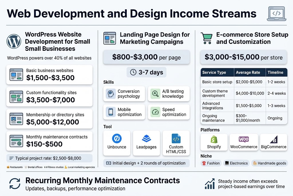 Create a clean, professional full-bleed infographic in a 3:2 aspect ratio about web development income streams. Use a modern sans-serif font, dark navy text, white background with blue, teal, green, and orange accent colors. Place a bold title across the top: "Web Development and Design Income Streams". Use a wide 3-column layout with clear section blocks, icons, and neatly aligned labels.

Top section: large title centered-left with a subtle laptop-and-code icon on the right.

Left column section with a WordPress logo icon and header: "WordPress Website Development for Small Businesses"
Include a small subheading line: "WordPress powers over 40% of all websites"
Show four stacked price cards with small website icons:
- "Basic business websites" — "$1,500-$3,500"
- "Custom functionality sites" — "$3,500-$7,000"
- "Membership or directory sites" — "$5,000-$12,000"
- "Monthly maintenance contracts" — "$150-$500"
Add a small footer note in this section: "Typical project rate: $2,500-$8,000"
Include small icons for theme tools labeled: "Divi", "Elementor", "Astra"
Add a thin workflow arrow line with small niche icons and text: "Restaurants", "Dental offices", "Fitness studios", "Local marketing agencies"

Center column section with a landing page icon and header: "Landing Page Design for Marketing Campaigns"
Show a bold metric callout box: "$800-$3,000 per page"
Show a time badge: "3-7 days"
Include four compact skill tiles with icons:
- "Conversion psychology"
- "A/B testing knowledge"
- "Mobile optimization"
- "Speed optimization"
Add a tool row with logos or simple app-style icons labeled: "Unbounce", "Leadpages", "Custom HTML/CSS"
Add a small revenue note: "Initial design + 2 rounds of optimization"

Right column section with a shopping cart icon and header: "E-commerce Store Setup and Customization"
Place a large callout near the top: "$3,000-$15,000 per store"
Include a table-style block with three columns labeled "Service Type", "Average Rate", "Timeline"
Rows:
- "Basic store setup" | "$2,000-$5,000" | "1-2 weeks"
- "Custom theme development" | "$4,000-$10,000" | "2-4 weeks"
- "Advanced integrations" | "$1,500-$5,000" | "1-3 weeks"
- "Ongoing maintenance" | "$300-$1,000/month" | "Ongoing"
Add platform icons and labels: "Shopify", "WooCommerce", "BigCommerce"
Add niche tags with small product icons: "Fashion", "Electronics", "Handmade goods"

Bottom band spanning the full width: a recurring revenue highlight with a circular arrow icon and bold text: "Recurring Monthly Maintenance Contracts"
Add smaller text: "Updates, backups, performance optimization"
Add a simple upward earnings chart icon and text: "Steady income often exceeds project-based earnings over time"

Use strong section dividers, light shadowed cards, and consistent spacing. Make the layout wide and horizontal, not vertical. Keep all text crisp, readable, and exactly as written.