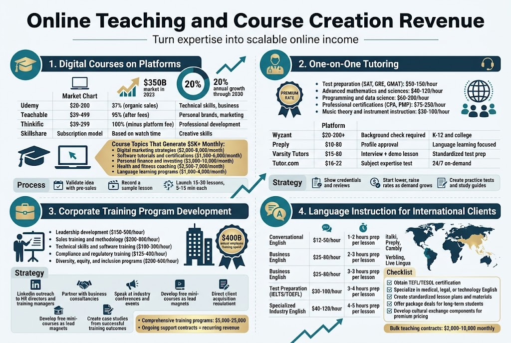 Create a full-bleed professional infographic in a wide 3:2 aspect ratio, clean modern vector style, with a white background, deep blue and teal accents, gold highlights, dark charcoal text, and a subtle grid texture. Use bold sans-serif typography for headings and smaller readable sans-serif text for details. Place a large bold title across the top: "Online Teaching and Course Creation Revenue". Under the title, add a thin subtitle line: "Turn expertise into scalable online income". 

Arrange the infographic in four wide horizontal content blocks across the canvas, each with a colored icon and a numbered section label. Use clear icons, simple charts, and compact tables. Keep spacing open and balanced, with no narrow vertical stack.

1) Top-left wide block with a graduation cap icon and a laptop icon, titled "1. Digital Courses on Platforms". Add a small upward growth arrow and a circular market chart labeled "$350B market in 2023" and "20% annual growth through 2030". Include a compact four-row comparison table with these exact labels and values:
"Udemy | $20-200 | 37% (organic sales) | Technical skills, business"
"Teachable | $39-499 | 95% (after fees) | Personal brands, marketing"
"Thinkific | $39-299 | 100% (minus platform fee) | Professional development"
"Skillshare | Subscription model | Based on watch time | Creative skills"
Below, add a highlighted callout box titled "Course Topics That Generate $5K+ Monthly:" with five bullet lines:
"Digital marketing strategies ($2,000-8,000/month)"
"Software tutorials and certifications ($1,500-6,000/month)"
"Personal finance and investing ($3,000-10,000/month)"
"Health and fitness coaching ($2,500-7,000/month)"
"Language learning programs ($1,000-4,000/month)"
Add a small process strip with three icons and text: "Validate idea with pre-sales" "Record a sample lesson" "Launch 15-30 lessons, 5-15 min each"

2) Top-right wide block with a tutor icon and headset icon, titled "2. One-on-One Tutoring". Include a premium rate badge and a small globe with student dots. Add a five-row specialization list with exact text:
"Test preparation (SAT, GRE, GMAT): $50-150/hour"
"Advanced mathematics and sciences: $40-120/hour"
"Programming and data science: $60-200/hour"
"Professional certifications (CPA, PMP): $75-250/hour"
"Music theory and instrument instruction: $30-100/hour"
Add a compact platform comparison table with these exact rows:
"Wyzant | $20-200+ | Background check required | K-12 and college"
"Preply | $10-80 | Profile approval | Language learning focused"
"Varsity Tutors | $15-80 | Interview + demo lesson | Standardized test prep"
"Tutor.com | $16-22 | Subject expertise test | 24/7 on-demand"
Add a small strategy box with three icons and text:
"Show credentials and reviews"
"Start lower, raise rates as demand grows"
"Create practice tests and study guides"

3) Bottom-left wide block with a briefcase and presentation icon, titled "3. Corporate Training Program Development". Show a large office building silhouette and a revenue ribbon that says "$400B annual employee training spend". Include a five-row list with exact text:
"Leadership development ($150-500/hour)"
"Sales training and methodology ($200-800/hour)"
"Technical skills and software training ($100-300/hour)"
"Compliance and regulatory training ($125-400/hour)"
"Diversity, equity, and inclusion programs ($200-600/hour)"
Add a strategy panel with five small icons and text:
"LinkedIn outreach to HR directors and training managers"
"Partner with business consultancies"
"Speak at industry conferences and events"
"Develop free mini-courses as lead magnets"
"Create case studies from successful training outcomes"
Add a pricing callout box: "Comprehensive training programs: $5,000-25,000" and "Ongoing support contracts = recurring revenue"

4) Bottom-right wide block with a speech bubble and language globe icon, titled "4. Language Instruction for International Clients". Include a world map silhouette with highlighted regions across Asia, Europe, and Latin America. Add a four-row table with these exact rows:
"Conversational English | $12-50/hour | 1-2 hours prep per lesson | italki, Preply, Cambly"
"Business English | $25-80/hour | 2-3 hours prep per lesson | Verbling, Live Lingua"
"Test Preparation (IELTS/TOEFL) | $30-100/hour | 3-4 hours prep per lesson | Kaplan, Magoosh partnerships"
"Specialized Industry English | $40-120/hour | 4-5 hours prep per lesson | Direct client acquisition"
Add a checklist box with these exact lines:
"Obtain TEFL/TESOL certification"
"Specialize in medical, legal, or technology English"
"Create standardized lesson plans and materials"
"Offer package deals for long-term students"
"Develop cultural exchange components for premium pricing"
Add a final highlighted footer note: "Bulk teaching contracts: $2,000-10,000 monthly"

Use small decorative icons for each section, clean dividers between blocks, and a subtle upward trend line running through the infographic to connect the four income streams. Include all text exactly as written above, with clear hierarchy and strong visual emphasis on revenue amounts and growth indicators.