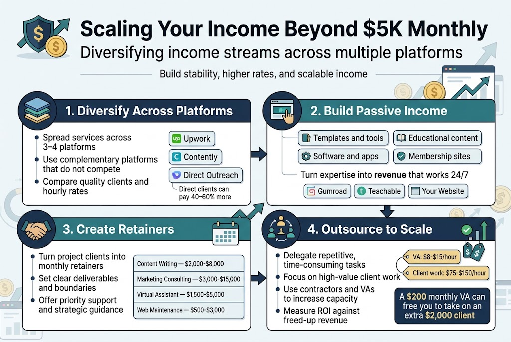 Create a full-bleed 3:2 infographic illustration with a clean modern business style, white background, navy and teal color palette with gold accent highlights, bold sans-serif typography, and clear visual hierarchy. Place a large bold headline across the top: "Scaling Your Income Beyond $5K Monthly". Add a smaller subtitle beneath it: "Diversifying income streams across multiple platforms". Use a wide 2x2 grid of four main content blocks across the center and lower half, each with a distinct icon, colored header bar, and short bullet points.

Top section: a horizontal banner with a shield and dollar icon beside the headline. Add a small supporting line under the subtitle: "Build stability, higher rates, and scalable income".

Top-left block with a layered platform icon and the heading: "1. Diversify Across Platforms". Include three bullets:
"Spread services across 3–4 platforms"
"Use complementary platforms that do not compete"
"Compare quality clients and hourly rates"
Add small platform-style UI cards labeled: "Upwork", "Contently", "Direct Outreach", and a smaller note: "Direct clients can pay 40–60% more".

Top-right block with a digital product icon and the heading: "2. Build Passive Income". Include four labeled mini-cards or badges:
"Templates and tools"
"Educational content"
"Software and apps"
"Membership sites"
Add a short line below: "Turn expertise into revenue that works 24/7".
Add small product platform labels: "Gumroad", "Teachable", "Your Website".

Bottom-left block with a handshake and calendar icon and the heading: "3. Create Retainers". Include three bullets:
"Turn project clients into monthly retainers"
"Set clear deliverables and boundaries"
"Offer priority support and strategic guidance"
Add a compact table-style box with four rows and two columns labeled exactly:
"Content Writing — $2,000-$8,000"
"Marketing Consulting — $3,000-$15,000"
"Virtual Assistant — $1,500-$5,000"
"Web Maintenance — $500-$3,000"

Bottom-right block with a team and workflow icon and the heading: "4. Outsource to Scale". Include four bullets:
"Delegate repetitive, time-consuming tasks"
"Focus on high-value client work"
"Use contractors and VAs to increase capacity"
"Measure ROI against freed-up revenue"
Add a small cost comparison callout with two price tags:
"VA: $8-$15/hour"
"Client work: $75-$150/hour"
Add a final bold callout box: "A $200 monthly VA can free you to take on an extra $2,000 client".

Use simple arrows, checkmarks, and small chart elements connecting the blocks to suggest income growth and scaling. Include subtle background graphics of coins, upward arrows, and platform windows. Keep text sharp, readable, evenly spaced, and aligned in a wide horizontal infographic layout.