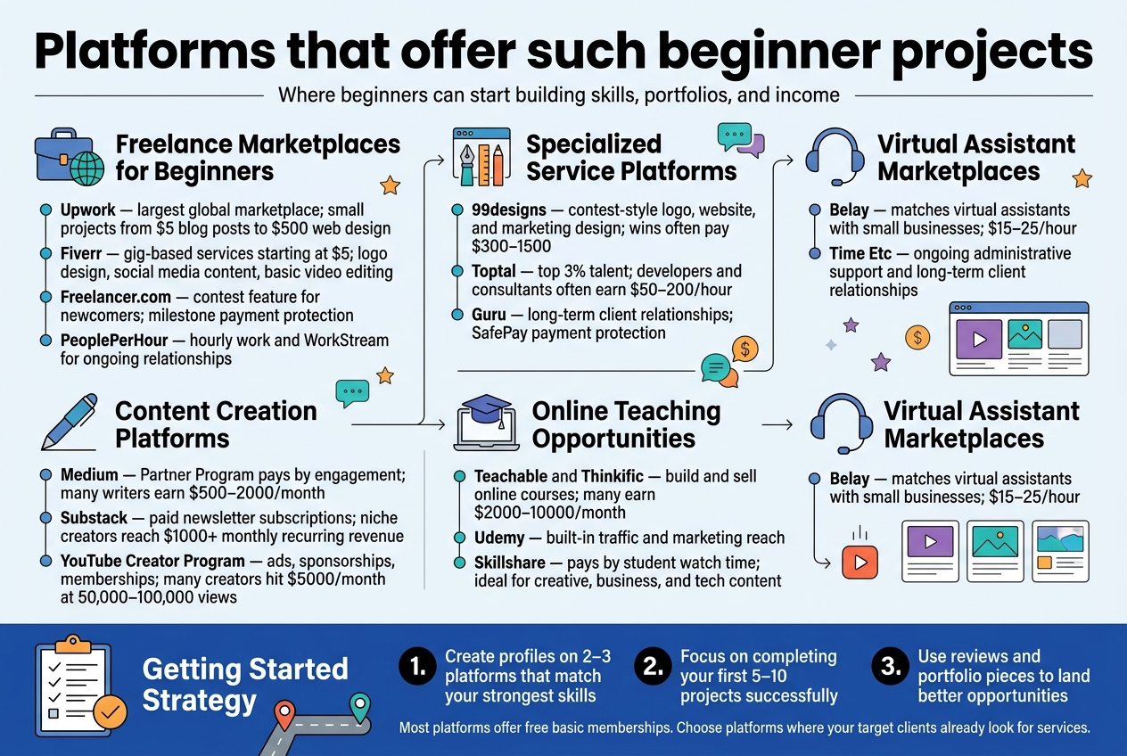 Create a clean, professional full-bleed infographic in 3:2 aspect ratio with a modern flat vector style, white background with blue, teal, orange, and purple accent colors, bold sans-serif typography, and clear visual hierarchy.

Top header across full width:
Large bold title text: "Platforms that offer such beginner projects"
Small subtitle text beneath: "Where beginners can start building skills, portfolios, and income"

Main layout: wide 3-column grid with 6 section blocks plus a bottom strategy band. Each section block has a colored icon, bold category heading, and short platform summary lines with small bullet markers. Use simple line icons and small circular markers for each platform.

Left column:
1. Section block with a briefcase and globe icon, heading: "Freelance Marketplaces for Beginners"
Text lines:
"Upwork — largest global marketplace; small projects from $5 blog posts to $500 web design"
"Fiverr — gig-based services starting at $5; logo design, social media content, basic video editing"
"Freelancer.com — contest feature for newcomers; milestone payment protection"
"PeoplePerHour — hourly work and WorkStream for ongoing relationships"

Center column:
2. Section block with a writing pen icon, heading: "Content Creation Platforms"
Text lines:
"Medium — Partner Program pays by engagement; many writers earn $500–2000/month"
"Substack — paid newsletter subscriptions; niche creators reach $1000+ monthly recurring revenue"
"YouTube Creator Program — ads, sponsorships, memberships; many creators hit $5000/month at 50,000–100,000 views"

3. Section block with a design tools icon, heading: "Specialized Service Platforms"
Text lines:
"99designs — contest-style logo, website, and marketing design; wins often pay $300–1500"
"Toptal — top 3% talent; developers and consultants often earn $50–200/hour"
"Guru — long-term client relationships; SafePay payment protection"

Right column:
4. Section block with a graduation cap and laptop icon, heading: "Online Teaching Opportunities"
Text lines:
"Teachable and Thinkific — build and sell online courses; many earn $2000–10000/month"
"Udemy — built-in traffic and marketing reach"
"Skillshare — pays by student watch time; ideal for creative, business, and tech content"

5. Section block with a headset icon, heading: "Virtual Assistant Marketplaces"
Text lines:
"Belay — matches virtual assistants with small businesses; $15–25/hour"
"Time Etc — ongoing administrative support and long-term client relationships"

Bottom wide banner spanning full width with a checklist icon on the left and a roadmap graphic:
Heading: "Getting Started Strategy"
Three numbered steps in bold circles:
"1. Create profiles on 2–3 platforms that match your strongest skills"
"2. Focus on completing your first 5–10 projects successfully"
"3. Use reviews and portfolio pieces to land better opportunities"
Small note line below:
"Most platforms offer free basic memberships. Choose platforms where your target clients already look for services."

Add subtle decorative elements: arrows connecting sections, small stars, chat bubbles, dollar signs, play icons, and portfolio thumbnails. Keep spacing balanced, text legible, and sections aligned in a wide horizontal composition.