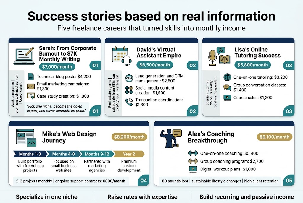 Create a clean professional full-bleed infographic in 3:2 aspect ratio with a modern editorial style, bright white background, deep navy headers, teal and gold accent colors, and clear sans-serif typography. Use a bold top title centered across the full width: "Success stories based on real information". Place a short subtitle beneath it in smaller text: "Five freelance careers that turned skills into monthly income".

Use a wide multi-column layout with five horizontal story sections arranged in two rows: three cards across the top row and two larger cards across the bottom row, each card with a colored header bar, a simple flat icon, and a monthly earnings badge.

Section 1 on the top left: a card with a laptop and writing icon, titled "Sarah: From Corporate Burnout to $7K Monthly Writing". Add a small badge: "$7,000/month". Include bullet text:
"Technical blog posts: $4,200"
"Email marketing campaigns: $1,800"
"Case study creation: $1,000"
At the bottom, include a short quote in italics: "Pick one niche, become the go-to expert, and never compete on price."
Add a small side label: "SaaS companies | premium technical content | Upwork start"

Section 2 at the top center: a card with a calendar, checklist, and headset icon, titled "David's Virtual Assistant Empire". Add a badge: "$6,500/month". Include bullet text:
"Lead generation and CRM management: $2,800"
"Social media content creation: $1,900"
"Transaction coordination: $1,800"
Add a small side label: "Real estate agents | raised rate from $15/hour to $45/hour | waiting list"

Section 3 at the top right: a card with a microphone, language, and book icon, titled "Lisa's Online Tutoring Success". Add a badge: "$5,800/month". Include bullet text:
"One-on-one tutoring: $3,200"
"Group conversation classes: $1,400"
"Course sales: $1,200"
Add a small side label: "Spanish tutoring | 25 hours weekly | location independent"

Section 4 on the bottom left: a card with a website wireframe and code icon, titled "Mike's Web Design Journey". Add a badge: "$8,200/month". Include a timeline strip with four steps:
"Months 1-3: Built portfolio with free/cheap projects"
"Months 4-8: Focused on small business websites"
"Months 9-12: Partnered with marketing agencies"
"Year 2: Premium custom development"
Add a small line below: "2-3 projects monthly | ongoing support contracts: $800/month"

Section 5 on the bottom right: a card with a fitness silhouette and coaching icon, titled "Alex's Coaching Breakthrough". Add a badge: "$9,100/month". Include bullet text:
"One-on-one coaching: $5,400"
"Group coaching program: $2,700"
"Digital workout plans: $1,000"
Add a small line below: "80 pounds lost | sustainable lifestyle changes | high client retention"

Use numbered section markers 01, 02, 03, 04, 05 in colored circles on each card. Include small supporting icons next to each income line: document, envelope, certificate, phone, CRM, social media, globe, dumbbell, course play button. Add a subtle footer strip across the bottom with three short takeaways in bold:
"Specialize in one niche"
"Raise rates with expertise"
"Build recurring and passive income"

Make all text crisp, highly legible, aligned neatly, with balanced spacing, thin dividers, and a polished business infographic look.