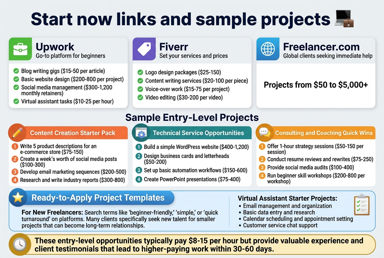 Create a clean, professional infographic illustration in a 3:2 aspect ratio with a full-bleed layout and no outer frame. Use a modern sans-serif font, bold navy headings, teal and orange accent colors, light gray background, white content cards, and small flat icons.

Top banner across the full width: large bold title in dark navy text, exactly "Start now links and sample projects". Add a small laptop and briefcase icon beside the title.

Main upper section: three wide horizontal platform cards arranged left to right in three columns with distinct icons and colored headers.
Left card header: "Upwork" with a green briefcase icon. Under it, a short subtitle: "Go-to platform for beginners". Add a bullet list with small green check icons:
- "Blog writing gigs ($15-50 per article)"
- "Basic website design ($200-800 per project)"
- "Social media management ($300-1,200 monthly retainers)"
- "Virtual assistant tasks ($10-25 per hour)"

Middle card header: "Fiverr" with a purple tag icon. Subtitle: "Set your services and prices". Add bullets:
- "Logo design packages ($25-150)"
- "Content writing services ($20-100 per piece)"
- "Voice-over work ($15-75 per project)"
- "Video editing ($30-200 per video)"

Right card header: "Freelancer.com" with a blue globe icon. Subtitle: "Global clients seeking immediate help". Show one large line of text: "Projects from $50 to $5,000+"

Lower middle section: a wide band titled "Sample Entry-Level Projects" in bold navy text, split into three colored blocks with small icons and numbered labels.
Block 1 with a pencil icon and heading "Content Creation Starter Pack"
Use 4 numbered lines:
1. "Write 5 product descriptions for an e-commerce store ($75-150)"
2. "Create a week's worth of social media posts ($100-300)"
3. "Develop email marketing sequences ($200-500)"
4. "Research and write industry reports ($300-800)"

Block 2 with a gear and web icon and heading "Technical Service Opportunities"
Use 4 numbered lines:
1. "Build a simple WordPress website ($400-1,200)"
2. "Design business cards and letterheads ($50-200)"
3. "Set up basic automation workflows ($150-600)"
4. "Create PowerPoint presentations ($75-400)"

Block 3 with a chat bubble and lightbulb icon and heading "Consulting and Coaching Quick Wins"
Use 4 numbered lines:
1. "Offer 1-hour strategy sessions ($50-150 per session)"
2. "Conduct resume reviews and rewrites ($75-250)"
3. "Provide social media audits ($100-400)"
4. "Run beginner skill workshops ($200-800 per workshop)"

Bottom section as a wide callout strip with a blue gradient background and a star icon on the left. Title in white bold text: "Ready-to-Apply Project Templates". Under it, two columns:
Left column heading: "For New Freelancers:" followed by text: "Search terms like 'beginner-friendly,' 'simple,' or 'quick turnaround' on platforms. Many clients specifically seek new talent for smaller projects that can become long-term relationships."
Right column heading: "Virtual Assistant Starter Projects:" with a checklist and small clipboard icon:
- "Email management and organization"
- "Basic data entry and research"
- "Calendar scheduling and appointment setting"
- "Customer service chat support"

At the very bottom, include a highlighted footer note in a gold rounded box with a clock icon and bold text: "These entry-level opportunities typically pay $8-15 per hour but provide valuable experience and client testimonials that lead to higher-paying work within 30-60 days."

Use clear section dividers, simple infographic icons, strong visual hierarchy, and balanced spacing across the full width.