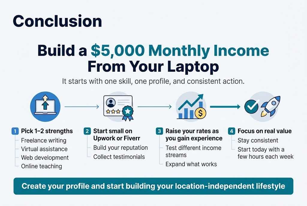 Create a clean, modern full-bleed infographic illustration in a 3:2 aspect ratio with a professional remote-work theme, using a wide horizontal layout with no frame and no large empty margins. Use a bold sans-serif heading at the top left in dark navy:

"Conclusion"

Below the heading, place a large central headline in strong navy and teal:
"Build a $5,000 Monthly Income From Your Laptop"

Add a smaller subtitle underneath in gray:
"It starts with one skill, one profile, and consistent action."

Organize the main content into four wide horizontal sections across the center and lower area, using numbered blocks with icons:

1. On the left, a blue circular icon of a laptop and upward arrow next to the text:
"Pick 1–2 strengths"
"Freelance writing"
"Virtual assistance"
"Web development"
"Online teaching"

2. In the middle-left, an icon of a profile card and star badges next to the text:
"Start small on Upwork or Fiverr"
"Build your reputation"
"Collect testimonials"

3. In the middle-right, an icon of a rising chart and dollar sign next to the text:
"Raise your rates as you gain experience"
"Test different income streams"
"Expand what works"

4. On the right, an icon of a checkmark and rocket next to the text:
"Focus on real value"
"Stay consistent"
"Start today with a few hours each week"

At the bottom, add a wide bold call-to-action banner in teal with white text:
"Create your profile and start building your location-independent lifestyle"

Use a clean corporate color palette of navy, teal, white, and light gray with subtle yellow accent highlights. Include thin connecting arrows or progress lines flowing from left to right to show the path from starting small to reaching $5K/month. Keep typography crisp, legible, and balanced with strong visual hierarchy. Add simple flat vector icons, soft shadows, and neatly aligned text blocks. Avoid clutter; use spacious, polished infographic styling.