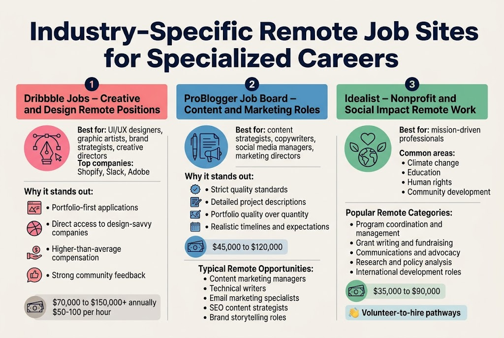 Create a clean, professional full-bleed infographic illustration in 3:2 aspect ratio with a wide horizontal layout, modern sans-serif typography, bold hierarchy, and a polished editorial style. Use a light off-white background with deep navy headings, teal and coral accent colors, and subtle gray dividers. Place a large bold title across the top:

"Industry-Specific Remote Job Sites for Specialized Careers"

Below the title, arrange three wide side-by-side content panels across the page, each with a colored header bar, a clear icon, and structured bullet points.

LEFT PANEL: "Dribbble Jobs - Creative and Design Remote Positions"
Include a pink circular icon with a stylized pen tool, palette, and cursor.
Add short stacked text blocks:
"Best for: UI/UX designers, graphic artists, brand strategists, creative directors"
"Top companies: Shopify, Slack, Adobe"
"Why it stands out:"
- "Portfolio-first applications"
- "Direct access to design-savvy companies"
- "Higher-than-average compensation"
- "Strong community feedback"
Add a small salary badge near the bottom:
"$70,000 to $150,000+ annually"
"$50-100 per hour"

CENTER PANEL: "ProBlogger Job Board - Content and Marketing Roles"
Include a blue circular icon with a writing pen, megaphone, and document.
Add short stacked text blocks:
"Best for: content strategists, copywriters, social media managers, marketing directors"
"Why it stands out:"
- "Strict quality standards"
- "Detailed project descriptions"
- "Portfolio quality over quantity"
- "Realistic timelines and expectations"
Add a small salary badge near the bottom:
"$45,000 to $120,000"
Include a compact list labeled "Typical Remote Opportunities:" with:
- "Content marketing managers"
- "Technical writers"
- "Email marketing specialists"
- "SEO content strategists"
- "Brand storytelling roles"

RIGHT PANEL: "Idealist - Nonprofit and Social Impact Remote Work"
Include a green circular icon with a heart, globe, and leaf.
Add short stacked text blocks:
"Best for: mission-driven professionals"
"Common areas:"
- "Climate change"
- "Education"
- "Human rights"
- "Community development"
Add another section titled "Popular Remote Categories:"
- "Program coordination and management"
- "Grant writing and fundraising"
- "Communications and advocacy"
- "Research and policy analysis"
- "International development roles"
Add a small salary badge near the bottom:
"$35,000 to $90,000"
Include a highlighted note box:
"Volunteer-to-hire pathways"

Use clear section numbering or visual markers: 1, 2, 3 at the top of each panel. Add simple matching line icons beside each bullet group. Keep all text sharp, legible, and correctly spelled. Use balanced spacing, wide columns, and strong visual separation between sections. No photo background, no mockup frame, no vertical poster stack.
