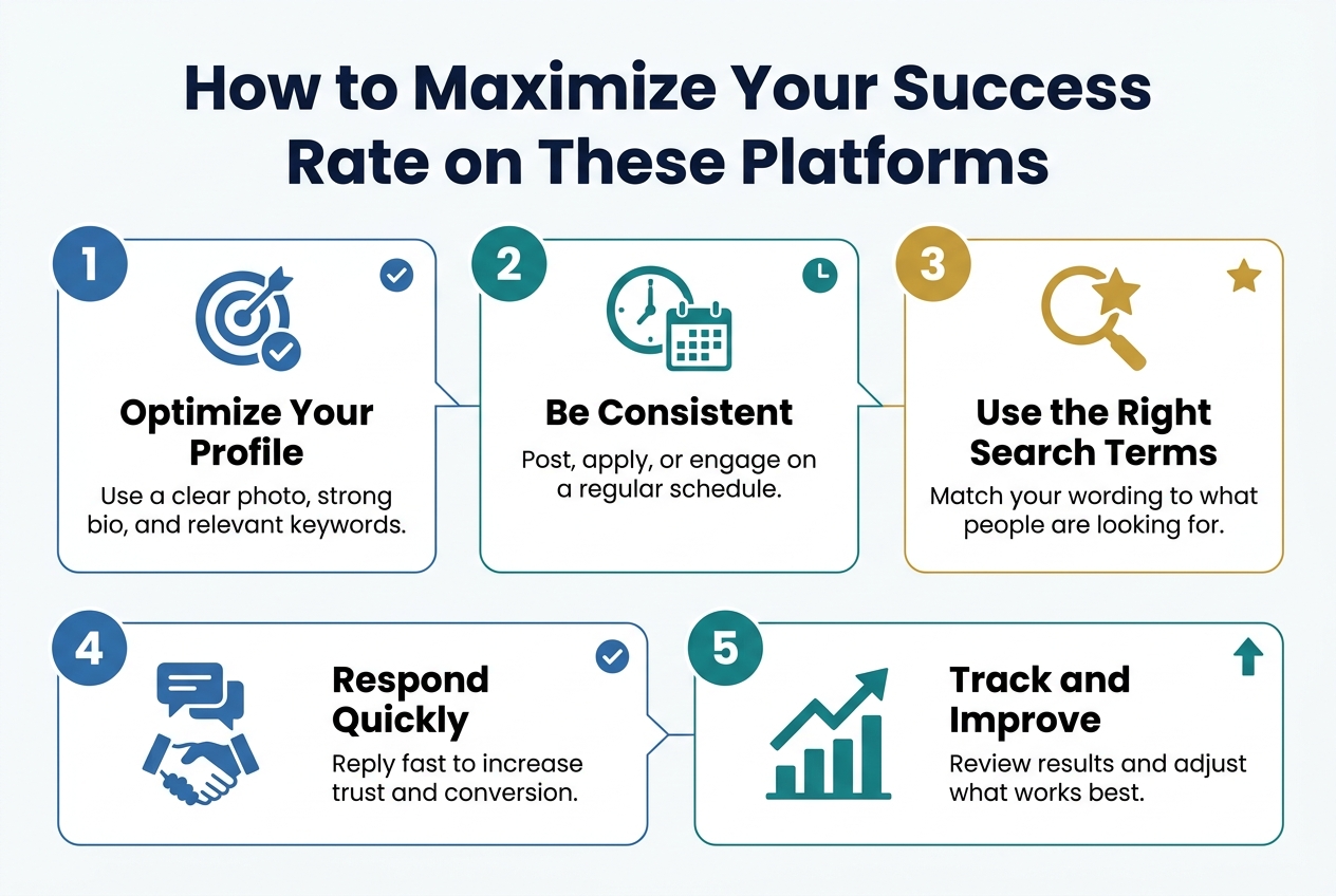 Create a clean professional infographic in a 3:2 aspect ratio, full-bleed layout with no frame or inset border. Use a modern white background with deep navy, teal, and gold accents. Place a large bold heading across the top center in dark navy text: "How to Maximize Your Success Rate on These Platforms".

Arrange the content in five wide horizontal sections across the middle and lower area, using a two-row grid of cards and icons, not a narrow vertical stack. Each section should have a colored number badge, a simple flat icon, a bold subheading, and one short line of supporting text.

Section 1 at upper left: blue circular badge with "1", icon of a target and checkmark, subheading "Optimize Your Profile", body text "Use a clear photo, strong bio, and relevant keywords."

Section 2 at upper center: teal circular badge with "2", icon of a clock and calendar, subheading "Be Consistent", body text "Post, apply, or engage on a regular schedule."

Section 3 at upper right: gold circular badge with "3", icon of a magnifying glass and star, subheading "Use the Right Search Terms", body text "Match your wording to what people are looking for."

Section 4 at lower left: blue circular badge with "4", icon of a message bubble and handshake, subheading "Respond Quickly", body text "Reply fast to increase trust and conversion."

Section 5 at lower right: teal circular badge with "5", icon of an upward arrow and bar chart, subheading "Track and Improve", body text "Review results and adjust what works best."

Add subtle connecting lines or arrows between the sections to show progression. Use bold sans-serif typography for headings, clean legible sans-serif for body text, and plenty of spacing. Include small supporting accents such as checkmarks, stars, and upward arrows near each card. Keep the layout balanced, modern, and easy to scan.