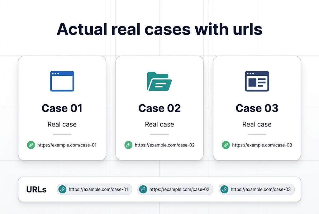 Create a full-bleed professional infographic in 3:2 aspect ratio with a clean modern corporate style. Use a white background with deep blue, teal, and light gray accents, subtle grid lines, and crisp sans-serif typography.

Top center: large bold heading in dark navy text, exactly: "Actual real cases with urls"

Below the heading, arrange a wide 3-column layout of three large rounded rectangular cards across the center of the canvas, with a small fourth strip along the bottom for links. Avoid a narrow vertical stack.

Left card: a blue browser-window icon at the top, then a bold subheading exactly: "Case 01", followed by a short line label exactly: "Real case". Add a small green chain-link icon beside a visible URL line exactly: "https://example.com/case-01"

Middle card: a teal folder/document icon at the top, then a bold subheading exactly: "Case 02", followed by a short line label exactly: "Real case". Add a small green chain-link icon beside a visible URL line exactly: "https://example.com/case-02"

Right card: a navy website/page icon at the top, then a bold subheading exactly: "Case 03", followed by a short line label exactly: "Real case". Add a small green chain-link icon beside a visible URL line exactly: "https://example.com/case-03"

Bottom full-width bar: label on the left in bold exactly: "URLs" and, to the right, three compact pill-shaped link tags with chain-link icons and text exactly:
"https://example.com/case-01"
"https://example.com/case-02"
"https://example.com/case-03"

Use clear spacing, aligned margins, subtle shadows, and strong visual hierarchy. Keep the layout balanced and polished, with the title at top, three case blocks in the center, and URL list at the bottom.