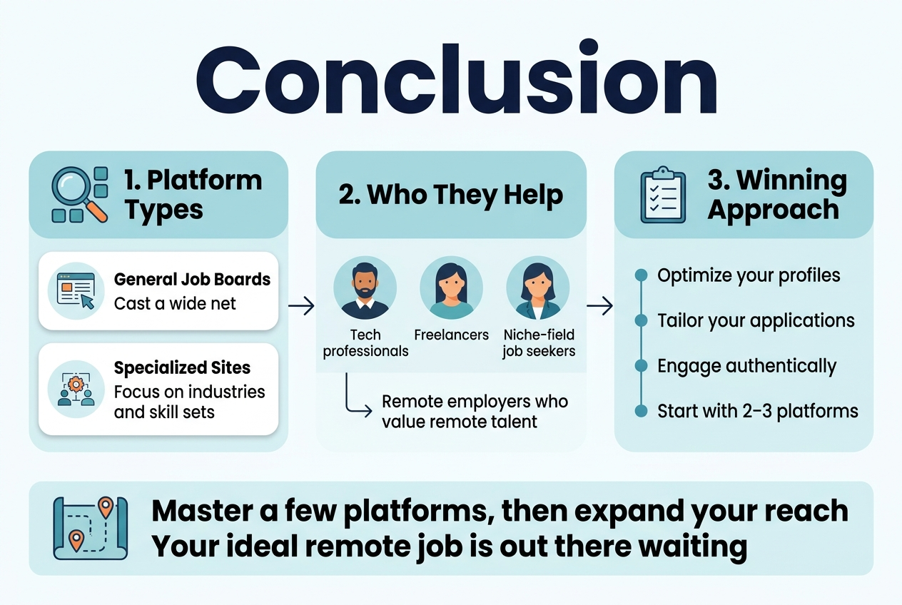 Create a full-bleed clean professional infographic illustration in a 3:2 aspect ratio with a modern flat design, soft blue and teal palette with orange accents, dark navy headings, white background, and clear sans-serif typography.

Top across the full width: a bold large heading in dark navy text: "Conclusion"

Below the heading, arrange the content in three wide horizontal sections with icons and clear hierarchy, avoiding a narrow vertical layout.

Left section: a wide rounded rectangle titled "1. Platform Types" with a magnifying glass and grid icon. Include two sub-blocks with small icons:
- "General Job Boards" with text: "Cast a wide net"
- "Specialized Sites" with text: "Focus on industries and skill sets"

Center section: a wide rounded rectangle titled "2. Who They Help" with three small avatar-style icons in a row and labels:
- "Tech professionals"
- "Freelancers"
- "Niche-field job seekers"
Add a small arrow line pointing to "Remote employers who value remote talent"

Right section: a wide rounded rectangle titled "3. Winning Approach" with a checklist icon and four stacked bullet points:
- "Optimize your profiles"
- "Tailor your applications"
- "Engage authentically"
- "Start with 2–3 platforms"

Along the bottom spanning the full width, add a final highlighted banner with a roadmap icon and bold text:
"Master a few platforms, then expand your reach"
"Your ideal remote job is out there waiting"

Use simple arrows connecting the sections from left to right, showing the flow from platform types to strategy to outcome. Keep spacing balanced, text crisp and legible, with subtle shadows, rounded corners, and professional infographic styling.