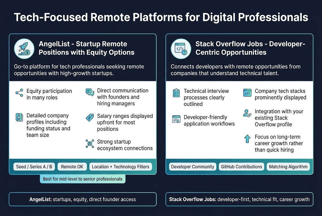 Create a clean, professional full-bleed infographic in a 3:2 aspect ratio with a modern tech aesthetic, dark navy background, white text, cyan and teal accents, and subtle gradient highlights. Use a bold sans-serif headline at the top centered across the width: "Tech-Focused Remote Platforms for Digital Professionals". 

Below the title, divide the layout into two wide horizontal content panels placed side by side across the middle of the canvas, with clear section headers and icons.

LEFT PANEL:
Header in bold: "AngelList - Startup Remote Positions with Equity Options"
Place a circular icon of a rocket and equity shares near the header. Add a short intro line beneath the header: "Go-to platform for tech professionals seeking remote opportunities with high-growth startups."
Include a wide 2-column bullet block with small icons:
1. "Equity participation in many roles" with a stock/share icon
2. "Direct communication with founders and hiring managers" with a chat bubble icon
3. "Detailed company profiles including funding status and team size" with a document/profile icon
4. "Salary ranges displayed upfront for most positions" with a dollar tag icon
5. "Strong startup ecosystem connections" with a connected network icon
Add a lower strip with three compact filter chips labeled: "Seed / Series A / B", "Remote OK", "Location + Technology Filters"
Add a small footer note in a highlighted box: "Best for mid-level to senior professionals"

RIGHT PANEL:
Header in bold: "Stack Overflow Jobs - Developer-Centric Opportunities"
Place a circular icon of code brackets and a question mark near the header. Add a short intro line beneath the header: "Connects developers with remote opportunities from companies that understand technical talent."
Include a wide 2-column bullet block with small icons:
1. "Technical interview processes clearly outlined" with a checklist icon
2. "Company tech stacks prominently displayed" with a code stack icon
3. "Developer-friendly application workflows" with a streamlined form icon
4. "Integration with your existing Stack Overflow profile" with a profile link icon
5. "Focus on long-term career growth rather than quick hiring" with an upward arrow icon
Add a lower strip with three compact feature chips labeled: "Developer Community", "GitHub Contributions", "Matching Algorithm"

Along the bottom, add a comparison band spanning the full width with two labeled boxes:
Left box label: "AngelList: startups, equity, direct founder access"
Right box label: "Stack Overflow Jobs: developer-first, technical fit, career growth"

Use crisp spacing, strong visual hierarchy, flat vector icons, subtle lines separating sections, and a polished infographic style with no photo realism.