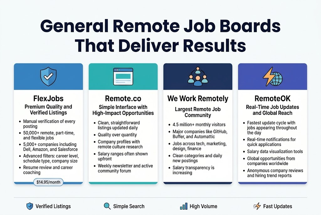 Create a full-bleed 3:2 landscape infographic in a clean modern editorial style, with a wide horizontal layout and no poster frame. Use a white background with blue, teal, navy, and subtle orange accent colors. Use bold sans-serif typography for headings and smaller readable sans-serif body text. 

Top center: large bold title in dark navy text: "General Remote Job Boards That Deliver Results"

Below the title, arrange four equal horizontal cards across the page from left to right, each with a colored header bar, a simple flat icon, and concise bullet points.

Card 1 on the far left, blue theme, icon of a shield with a checkmark:
Heading: "FlexJobs"
Subheading in smaller text: "Premium Quality and Verified Listings"
Bullets:
"Manual verification of every posting"
"50,000+ remote, part-time, and flexible jobs"
"5,000+ companies including Dell, Amazon, and Salesforce"
"Advanced filters: career level, schedule type, company size"
"Resume review and career coaching"

Add a small badge near the bottom: "$14.95/month"

Card 2 left-center, teal theme, icon of a clean interface window:
Heading: "Remote.co"
Subheading in smaller text: "Simple Interface with High-Impact Opportunities"
Bullets:
"Clean, straightforward listings updated daily"
"Quality over quantity"
"Company profiles with remote culture research"
"Salary ranges often shown upfront"
"Weekly newsletter and active community forum"

Card 3 right-center, navy theme, icon of a group of people or community network:
Heading: "We Work Remotely"
Subheading in smaller text: "Largest Remote Job Community"
Bullets:
"4.5 million+ monthly visitors"
"Major companies like GitHub, Buffer, and Automattic"
"Jobs across tech, marketing, design, finance"
"Clean categories and daily new postings"
"Salary transparency is increasing"

Card 4 on the far right, purple-blue theme, icon of a lightning bolt with a globe:
Heading: "RemoteOK"
Subheading in smaller text: "Real-Time Job Updates and Global Reach"
Bullets:
"Fastest update cycle with jobs appearing throughout the day"
"Real-time notifications for quick applications"
"Salary data visualization tools"
"Global opportunities from companies worldwide"
"Anonymous company reviews and hiring trend reports"

Add a thin horizontal footer strip along the bottom with four small icon labels spaced evenly:
"Verified Listings" 
"Simple Search"
"High Volume"
"Fast Updates"

Keep all text crisp and legible, with strong visual hierarchy, balanced spacing, and professional infographic styling.
