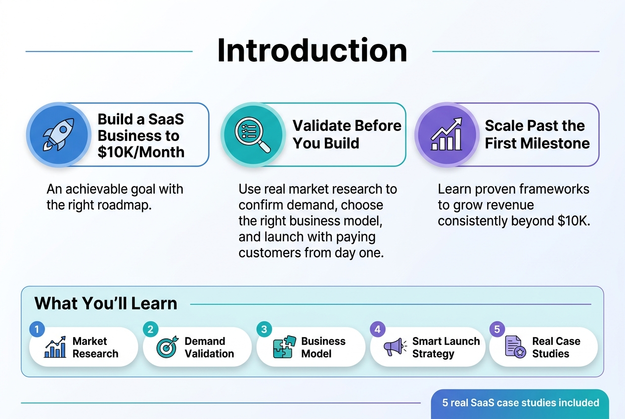 Create a full-bleed professional infographic in a 3:2 aspect ratio with a modern SaaS startup theme, clean white background with blue, teal, and purple accents, subtle gradients, thin line dividers, and a polished sans-serif font. Place a bold top heading across the upper center: "Introduction".

Below the heading, arrange three wide horizontal content blocks in a 3-column layout across the page, each with a colored circular icon on the left and a short text block on the right.

Left block: a rocket icon in a blue circle. Title text: "Build a SaaS Business to $10K/Month". Supporting text: "An achievable goal with the right roadmap."

Center block: a magnifying glass and checklist icon in a teal circle. Title text: "Validate Before You Build". Supporting text: "Use real market research to confirm demand, choose the right business model, and launch with paying customers from day one."

Right block: an upward growth chart icon in a purple circle. Title text: "Scale Past the First Milestone". Supporting text: "Learn proven frameworks to grow revenue consistently beyond $10K."

Along the bottom, add a wide highlighted strip titled "What You’ll Learn" with five compact numbered capsules arranged left to right, each with a small icon and short label:
1. "Market Research" with a chart icon
2. "Demand Validation" with a target icon
3. "Business Model" with a puzzle piece icon
4. "Smart Launch Strategy" with a megaphone icon
5. "Real Case Studies" with a document and star icon

Add a small footer callout on the lower right in a contrasting accent box: "5 real SaaS case studies included"

Use clear visual hierarchy, bold section titles, and plenty of whitespace. Keep all text crisp and readable, aligned neatly, with no frame, no border, and no centered vertical poster stack.