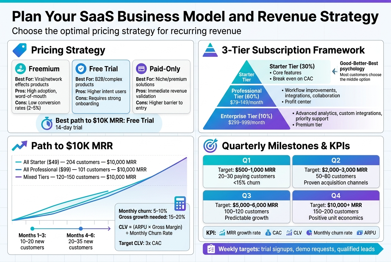 Create a full-bleed professional SaaS infographic in a 3:2 aspect ratio, landscape layout, with a clean modern sans-serif font, blue/teal/purple gradient accents, white background, subtle grid lines, and clear section dividers. Use a bold top header spanning the width.

Top header:
"Plan Your SaaS Business Model and Revenue Strategy"
Subtitle under it:
"Choose the optimal pricing strategy for recurring revenue"

Main layout: 4 wide horizontal sections arranged in two rows of two columns, with icons and bold labels.

Section 1, top-left, titled with a blue price-tag icon:
"Pricing Strategy"
Include three compact comparison cards with simple icons:
"Freemium" — "Best For: Viral/network effects products" — "Pros: High adoption, word-of-mouth" — "Cons: Low conversion rates (2–5%)"
"Free Trial" — "Best For: B2B/complex products" — "Pros: Higher intent users" — "Cons: Requires strong onboarding"
"Paid-Only" — "Best For: Niche/premium solutions" — "Pros: Immediate revenue validation" — "Cons: Higher barrier to entry"
Below the cards, a highlighted callout with a stopwatch icon:
"Best path to $10K MRR: Free Trial"
"14-day trial"

Section 2, top-right, titled with a tiered pyramid icon:
"3-Tier Subscription Framework"
Show a vertical stack or stepped pricing ladder with three color-coded tiers:
"Starter Tier (30%)" — "$29–49/month" — "Core features" — "Break even on CAC"
"Professional Tier (60%)" — "$79–149/month" — "Workflow improvements, integrations, collaboration" — "Profit center"
"Enterprise Tier (10%)" — "$299–999/month" — "Advanced analytics, custom integrations, priority support" — "Premium tier"
Add a side note with a small arrow:
"Good-Better-Best psychology"
"Most customers choose the middle option"

Section 3, bottom-left, titled with a growth arrow icon:
"Path to $10K MRR"
Include a clean revenue path chart with three scenarios and a rising line:
"All Starter ($49) — 204 customers — $10,000 MRR"
"All Professional ($99) — 101 customers — $10,000 MRR"
"Mixed Tiers — 120–150 customers — $10,000 MRR"
Under it, add a small growth timeline with monthly markers:
"Months 1–3: 10–20 new customers"
"Months 4–6: 20–35 new customers"
"Months 7–12: 35–50 new customers"
Include a churn and CLV callout with a calculator icon:
"Monthly churn: 5–10%"
"Gross growth needed: 15–20%"
"CLV = (ARPU × Gross Margin) ÷ Monthly Churn Rate"
"Target CLV: 3x CAC"

Section 4, bottom-right, titled with a target icon:
"Quarterly Milestones & KPIs"
Show four milestone blocks in a 2x2 grid:
"Q1" — "Target: $500–1,000 MRR" — "20–30 paying customers" — "<15% churn"
"Q2" — "Target: $2,000–3,000 MRR" — "50–80 customers" — "Proven acquisition channels"
"Q3" — "Target: $5,000–6,000 MRR" — "100–120 customers" — "Predictable growth"
"Q4" — "Target: $10,000+ MRR" — "150–200 customers" — "Positive unit economics"
Below the grid, a KPI strip with small metric icons:
"MRR growth rate"
"CAC"
"CLV"
"Monthly churn rate"
"ARPU"
Final bottom ribbon across the full width with a checklist icon:
"Weekly targets: trial signups, demo requests, qualified leads"

Use bold headings, smaller supporting text, neat infographic icons, rounded cards, and strong visual hierarchy. Keep all text crisp and legible. No people, no photos, no 3D mockups, no frame, no poster border.