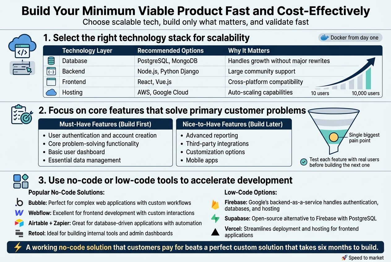 Create a clean professional full-bleed infographic in a 3:2 landscape aspect ratio, with a modern SaaS startup aesthetic, white background, navy and teal primary colors, subtle light-gray dividers, and bold sans-serif typography.

Top header spanning the full width:
- Large bold title text: "Build Your Minimum Viable Product Fast and Cost-Effectively"
- Smaller subtitle below: "Choose scalable tech, build only what matters, and validate fast"

Main layout: three wide horizontal sections arranged in stacked bands with clear icons and visual hierarchy, plus a compact comparison table in the first section.

Section 1 at the top-middle, left-to-right tech stack panel with a cloud and code icon:
- Heading text: "1. Select the right technology stack for scalability"
- Place a 4-row comparison table with columns: "Technology Layer", "Recommended Options", "Why It Matters"
- Rows exactly:
  - "Database" | "PostgreSQL, MongoDB" | "Handles growth without major rewrites"
  - "Backend" | "Node.js, Python Django" | "Large community support"
  - "Frontend" | "React, Vue.js" | "Cross-platform compatibility"
  - "Hosting" | "AWS, Google Cloud" | "Auto-scaling capabilities"
- Add small icons beside each row: database cylinder, server brackets, browser window, cloud
- Include a small horizontal visual scale labeled "10 users" on the left and "10,000 users" on the right, connected by an upward growth arrow
- Add small badge text near the cloud icon: "Docker from day one"

Section 2 in the center, feature priority matrix with a checklist and target icon:
- Heading text: "2. Focus on core features that solve primary customer problems"
- Left side: a 2-column priority matrix in two stacked boxes
  - Box label: "Must-Have Features (Build First)"
  - Bullet list:
    - "User authentication and account creation"
    - "Core problem-solving functionality"
    - "Basic user dashboard"
    - "Essential data management"
  - Box label: "Nice-to-Have Features (Build Later)"
  - Bullet list:
    - "Advanced reporting"
    - "Third-party integrations"
    - "Customization options"
    - "Mobile apps"
- On the right side, show a simple funnel or target graphic with a highlighted center circle labeled: "Single biggest pain point"
- Add a small note callout with a checkmark icon: "Test each feature with real users before building the next one"

Section 3 at the bottom, acceleration tools panel with app and automation icons:
- Heading text: "3. Use no-code or low-code tools to accelerate development"
- Arrange two sub-columns:
  - Left sub-column heading: "Popular No-Code Solutions:"
    - "Bubble: Perfect for complex web applications with custom workflows"
    - "Webflow: Excellent for frontend development with custom interactions"
    - "Airtable + Zapier: Great for database-driven applications with automation"
    - "Retool: Ideal for building internal tools and admin dashboards"
  - Right sub-column heading: "Low-Code Options:"
    - "Firebase: Google’s backend-as-a-service handles authentication, databases, and hosting"
    - "Supabase: Open-source alternative to Firebase with PostgreSQL"
    - "Vercel: Streamlines deployment and hosting for frontend applications"
- Use simple branded-style abstract icons for each tool row: app blocks, website layout, database grid with connector arrows, dashboard panels, server cloud
- Add a final highlighted banner across the bottom with a lightning icon and bold text:
  - "A working no-code solution that customers pay for beats a perfect custom solution that takes six months to build."
- Include a small footer callout with a rocket icon: "Speed to market"

Use clear spacing, strong contrast, neat alignment, and visually distinct section headers. Avoid clutter. Use wide horizontal composition with multi-column arrangement, not a vertical poster stack. Include only the text shown above.