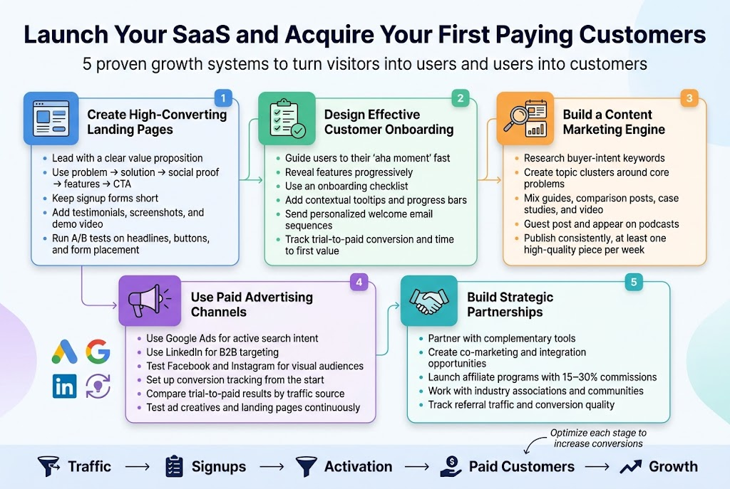 Full-bleed professional SaaS growth infographic in a 3:2 aspect ratio, modern clean vector style, white background with blue, teal, purple, and orange accents, subtle gradient shapes, crisp sans-serif typography, strong visual hierarchy.

Top across full width: bold headline in dark navy, large text: "Launch Your SaaS and Acquire Your First Paying Customers"
Directly below, smaller subheading: "5 proven growth systems to turn visitors into users and users into customers"

Layout: wide horizontal 5-section infographic with connected blocks across the page, each section in its own colored panel with an icon, number badge, title, and short bullet list. Use clear spacing, simple flat icons, and a subtle arrow flow from left to right.

Section 1 on the upper-left: blue panel with a landing page icon and number badge "1"
Title: "Create High-Converting Landing Pages"
Bullets:
"Lead with a clear value proposition"
"Use problem → solution → social proof → features → CTA"
"Keep signup forms short"
"Add testimonials, screenshots, and demo video"
"Run A/B tests on headlines, buttons, and form placement"

Section 2 on the upper-center: green panel with a checklist and onboarding icon and number badge "2"
Title: "Design Effective Customer Onboarding"
Bullets:
"Guide users to their ‘aha moment’ fast"
"Reveal features progressively"
"Use an onboarding checklist"
"Add contextual tooltips and progress bars"
"Send personalized welcome email sequences"
"Track trial-to-paid conversion and time to first value"

Section 3 on the upper-right: orange panel with a magnifying glass, content calendar, and chart icon and number badge "3"
Title: "Build a Content Marketing Engine"
Bullets:
"Research buyer-intent keywords"
"Create topic clusters around core problems"
"Mix guides, comparison posts, case studies, and video"
"Guest post and appear on podcasts"
"Publish consistently, at least one high-quality piece per week"

Section 4 on the lower-left: purple panel with a megaphone, Google Ads, LinkedIn, and retargeting icons and number badge "4"
Title: "Use Paid Advertising Channels"
Bullets:
"Use Google Ads for active search intent"
"Use LinkedIn for B2B targeting"
"Test Facebook and Instagram for visual audiences"
"Set up conversion tracking from the start"
"Compare trial-to-paid results by traffic source"
"Test ad creatives and landing pages continuously"

Section 5 on the lower-right: teal panel with a handshake, referral link, and partner network icon and number badge "5"
Title: "Build Strategic Partnerships"
Bullets:
"Partner with complementary tools"
"Create co-marketing and integration opportunities"
"Launch affiliate programs with 15–30% commissions"
"Work with industry associations and communities"
"Track referral traffic and conversion quality"

Bottom strip across full width: a simple success funnel graphic with icons and labels in dark navy:
"Traffic" → "Signups" → "Activation" → "Paid Customers" → "Growth"
Add small callout text near the funnel: "Optimize each stage to increase conversions"

Style details: bold headings, medium-weight body text, rounded cards, thin connector lines, subtle shadows, high readability, balanced white space, no photo background, no mockups, no people, no clutter.