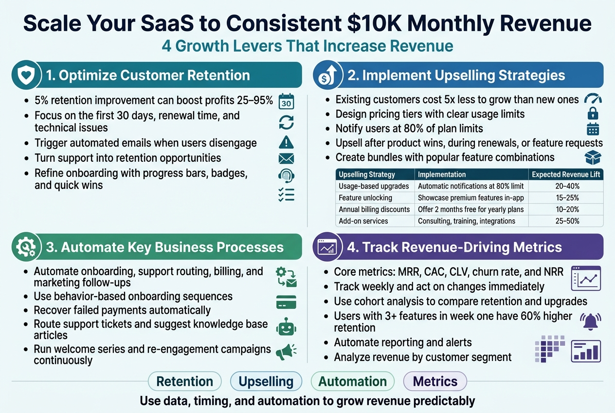Create a clean, professional full-bleed infographic in a 3:2 aspect ratio with a modern SaaS business style, white background, deep blue and teal accents, subtle green highlights, and dark charcoal text. Use bold sans-serif typography for the title and clear hierarchy throughout. Layout should be wide and multi-column, not a narrow poster.

Top center: large bold heading in dark navy text: "Scale Your SaaS to Consistent $10K Monthly Revenue"
Directly beneath the title, a smaller teal subtitle: "4 Growth Levers That Increase Revenue"

Use four wide horizontal sections or a 2x2 grid across the page, each with a colored section header, a matching icon, and short bullet points.

Section 1, top left, with a shield/heart icon and teal header: "1. Optimize Customer Retention"
Include these bullet points:
- "5% retention improvement can boost profits 25–95%"
- "Focus on the first 30 days, renewal time, and technical issues"
- "Trigger automated emails when users disengage"
- "Turn support into retention opportunities"
- "Refine onboarding with progress bars, badges, and quick wins"
Add small visual markers: a 30-day calendar icon, renewal loop icon, warning triangle, email icon, support headset icon, onboarding checklist icon.

Section 2, top right, with an upward arrow and dollar icon and blue header: "2. Implement Upselling Strategies"
Include these bullet points:
- "Existing customers cost 5x less to grow than new ones"
- "Design pricing tiers with clear usage limits"
- "Notify users at 80% of plan limits"
- "Upsell after product wins, during renewals, or feature requests"
- "Create bundles with popular feature combinations"
Add a compact 4-row mini table with three columns labeled: "Upselling Strategy", "Implementation", "Expected Revenue Lift"
Rows:
- "Usage-based upgrades | Automatic notifications at 80% limit | 20–40%"
- "Feature unlocking | Showcase premium features in-app | 15–25%"
- "Annual billing discounts | Offer 2 months free for yearly plans | 10–20%"
- "Add-on services | Consulting, training, integrations | 25–50%"
Add icons for usage meter, premium lock, calendar, and bundle package.

Section 3, bottom left, with a gear/automation icon and green header: "3. Automate Key Business Processes"
Include these bullet points:
- "Automate onboarding, support routing, billing, and marketing follow-ups"
- "Use behavior-based onboarding sequences"
- "Recover failed payments automatically"
- "Route support tickets and suggest knowledge base articles"
- "Run welcome series and re-engagement campaigns continuously"
Add icons for gears, email flow, credit card, chatbot, and megaphone.

Section 4, bottom right, with a dashboard/chart icon and purple header: "4. Track Revenue-Driving Metrics"
Include these bullet points:
- "Core metrics: MRR, CAC, CLV, churn rate, and NRR"
- "Track weekly and act on changes immediately"
- "Use cohort analysis to compare retention and upgrades"
- "Users with 3+ features in week one have 60% higher retention"
- "Automate reporting and alerts"
- "Analyze revenue by customer segment"
Add a dashboard graphic with line chart, cohort grid, alert bell, and segment bars.

Include a slim bottom summary strip across the full width with three highlighted callouts in rounded boxes:
- "Retention"
- "Upselling"
- "Automation"
- "Metrics"
and a final small centered line in bold dark text: "Use data, timing, and automation to grow revenue predictably"

Use clean spacing, aligned margins, crisp vector-style icons, subtle shadowing, and high legibility. No people. No photo textures. No decorative clutter. Keep all text sharp and readable.