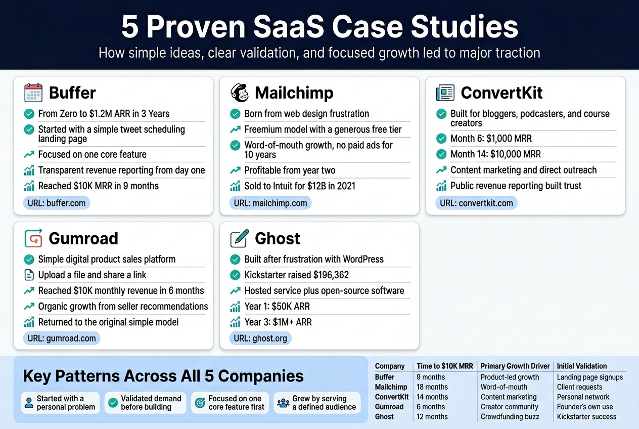 Create a clean, professional full-bleed infographic illustration in a 3:2 aspect ratio, using a modern SaaS style with a white background, dark navy headings, teal and blue accent colors, subtle gray dividers, and simple flat vector icons. Use a wide horizontal layout with multiple columns and clear section blocks, not a vertical poster. Use bold sans-serif typography for headings and smaller readable sans-serif body text.

Top header across the full width:
Large bold title text: "5 Proven SaaS Case Studies"
Smaller subtitle text below: "How simple ideas, clear validation, and focused growth led to major traction"

Main body: five wide case study cards arranged in a 3-over-2 grid or five evenly spaced horizontal blocks with icons, each card containing:
1) Buffer
A small calendar or scheduling icon
Bold heading: "Buffer"
Text lines:
"From Zero to $1.2M ARR in 3 Years"
"Started with a simple tweet scheduling landing page"
"Focused on one core feature"
"Transparent revenue reporting from day one"
"Reached $10K MRR in 9 months"
Bottom label in a colored pill: "URL: buffer.com"

2) Mailchimp
A small monkey or email icon
Bold heading: "Mailchimp"
Text lines:
"Born from web design frustration"
"Freemium model with a generous free tier"
"Word-of-mouth growth, no paid ads for 10 years"
"Profitable from year two"
"Sold to Intuit for $12B in 2021"
Bottom label: "URL: mailchimp.com"

3) ConvertKit
A small creator or newsletter icon
Bold heading: "ConvertKit"
Text lines:
"Built for bloggers, podcasters, and course creators"
"Month 6: $1,000 MRR"
"Month 14: $10,000 MRR"
"Content marketing and direct outreach"
"Public revenue reporting built trust"
Bottom label: "URL: convertkit.com"

4) Gumroad
A small product/file or shopping cart icon
Bold heading: "Gumroad"
Text lines:
"Simple digital product sales platform"
"Upload a file and share a link"
"Reached $10K monthly revenue in 6 months"
"Organic growth from seller recommendations"
"Returned to the original simple model"
Bottom label: "URL: gumroad.com"

5) Ghost
A small writing pen or publishing icon
Bold heading: "Ghost"
Text lines:
"Built after frustration with WordPress complexity"
"Kickstarter raised $196,362"
"Hosted service plus open-source software"
"Year 1: $50K ARR"
"Year 3: $1M+ ARR"
Bottom label: "URL: ghost.org"

Bottom wide summary band across the full width with a soft blue background:
Bold heading: "Key Patterns Across All 5 Companies"
Use four small icon + text chips or numbered points:
1. "Started with a personal problem"
2. "Validated demand before building"
3. "Focused on one core feature first"
4. "Grew by serving a defined audience"

Include a compact comparison strip or mini table in the bottom band with these exact column headers:
"Company" "Time to $10K MRR" "Primary Growth Driver" "Initial Validation"
Rows:
"Buffer | 9 months | Product-led growth | Landing page signups"
"Mailchimp | 18 months | Word-of-mouth | Client requests"
"ConvertKit | 14 months | Content marketing | Personal network"
"Gumroad | 6 months | Creator community | Founder's own use"
"Ghost | 12 months | Crowdfunding buzz | Kickstarter success"

Use small visual markers: check icons, growth arrows, revenue chart icons, and simple line separators between cards. Keep text crisp, aligned, and readable, with strong hierarchy and balanced spacing.