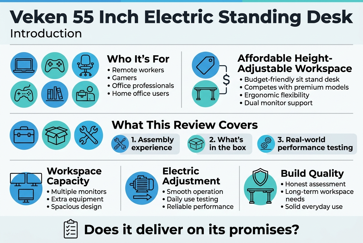 Create a full-bleed, professional infographic in a 3:2 aspect ratio with a clean modern flat design, white background, blue and teal accents, dark charcoal text, and subtle gray dividers. Use bold sans-serif typography with a clear visual hierarchy.

Top header bar across the full width:
Large bold title text: "Veken 55 Inch Electric Standing Desk"
Smaller subtitle text underneath: "Introduction"

Below the header, organize the infographic into 4 wide horizontal sections with icons and short text blocks, using a 2-column layout in each section.

Section 1 on the upper left:
A laptop, game controller, and office chair icon row.
Heading text: "Who It’s For"
Bullet points:
"Remote workers"
"Gamers"
"Office professionals"
"Home office users"

Section 2 on the upper right:
A price tag and desk icon.
Heading text: "Affordable Height-Adjustable Workspace"
Bullet points:
"Budget-friendly sit stand desk"
"Competes with premium models"
"Ergonomic flexibility"
"Dual monitor support"

Section 3 in the middle, spanning most of the width:
A toolbox, open box, and wrench icon set.
Heading text: "What This Review Covers"
Three numbered blocks with icons:
"1. Assembly experience"
"2. What’s in the box"
"3. Real-world performance testing"

Section 4 in the lower half, split into three visual blocks:
Left block with monitor icons:
Heading text: "Workspace Capacity"
Bullet points:
"Multiple monitors"
"Extra equipment"
"Spacious design"

Center block with a motor and arrow icon:
Heading text: "Electric Adjustment"
Bullet points:
"Smooth operation"
"Daily use testing"
"Reliable performance"

Right block with a shield and desk frame icon:
Heading text: "Build Quality"
Bullet points:
"Honest assessment"
"Long-term workspace needs"
"Solid everyday use"

Bottom footer band across the full width with a checklist icon:
Bold closing text: "Does it deliver on its promises?"

Use clean spacing, strong alignment, and wide horizontal composition with no centered vertical poster layout. Include simple line icons in blue and teal circles next to each heading. Keep all text legible and minimal, with clear section separation and modern infographic styling.