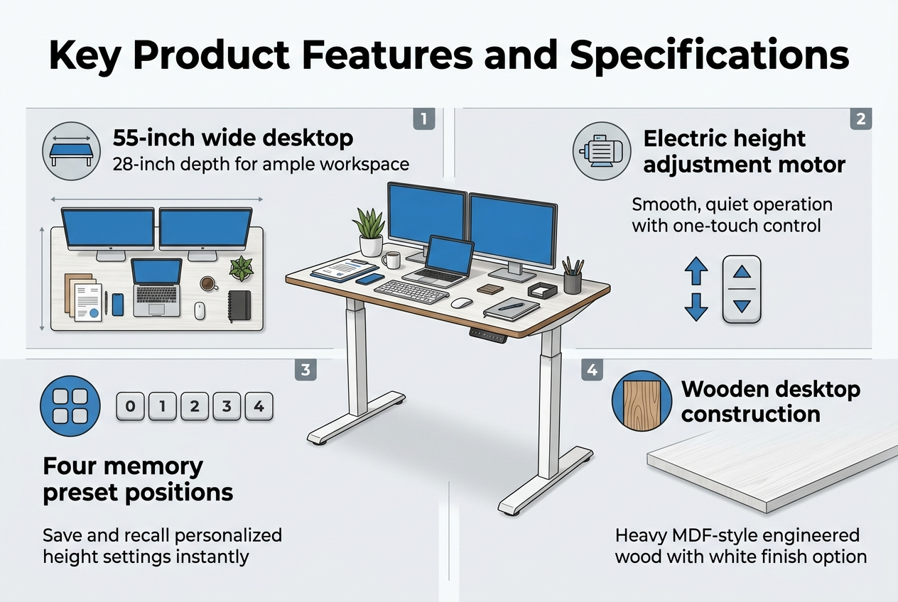 Create a clean professional full-bleed infographic in a 3:2 aspect ratio about an electric standing desk, using a modern white, light gray, and blue color palette with subtle wood texture accents and bold sans-serif typography. Place a large bold title across the top: "Key Product Features and Specifications". 

Below the title, show a realistic illustrated white electric standing desk with a wood desktop in a wide center hero area, slightly angled in perspective, with two monitors, a laptop, and office accessories on the surface. Surround the desk with four organized feature blocks in a 2x2 layout, each with a simple icon and a short heading plus supporting text.

Top left feature block: a wide desktop icon and the heading "55-inch wide desktop" with the text "28-inch depth for ample workspace". Include small visuals of dual monitors, laptop, documents, and accessories fitting comfortably on the desk.

Top right feature block: a smooth electric motor icon and the heading "Electric height adjustment motor" with the text "Smooth, quiet operation with one-touch control". Show up and down arrows and a button control symbol.

Bottom left feature block: a four-button preset icon and the heading "Four memory preset positions" with the text "Save and recall personalized height settings instantly". Show four numbered preset buttons.

Bottom right feature block: a wood panel icon and the heading "Wooden desktop construction" with the text "Heavy MDF-style engineered wood with white finish option". Show a white-finished wood surface with a stable, sturdy look.

Use clear section dividers, subtle shadows, and strong visual hierarchy. Add small numbered markers "1", "2", "3", "4" beside each feature block. Keep all text crisp, readable, and left aligned within each block. No extra text beyond the title, feature headings, and supporting lines.