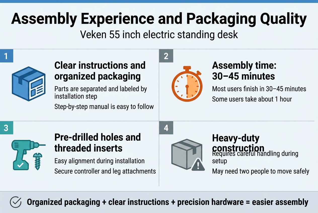 Create a clean, modern infographic in a 3:2 aspect ratio with a full-bleed layout on a light background, using blue, teal, gray, and orange accents, with bold sans-serif typography and clear visual hierarchy.

Top header across the full width:
Large bold title text: "Assembly Experience and Packaging Quality"
Smaller subtitle beneath: "Veken 55 inch electric standing desk"

Below the header, arrange four wide horizontal sections or a two-by-two grid of content blocks, each with a numbered label, a clear icon, and short text.

Section 1 at upper left:
Blue package icon with neatly separated parts, label "1"
Headline text: "Clear instructions and organized packaging"
Supporting text: "Parts are separated and labeled by installation step"
"Step-by-step manual is easy to follow"

Section 2 at upper right:
Orange stopwatch icon showing 30–45 minutes, label "2"
Headline text: "Assembly time: 30–45 minutes"
Supporting text: "Most users finish in 30–45 minutes"
"Some users take about 1 hour"

Section 3 at lower left:
Teal drill and screw icon with a small checkmark, label "3"
Headline text: "Pre-drilled holes and threaded inserts"
Supporting text: "Easy alignment during installation"
"Secure controller and leg attachments"

Section 4 at lower right:
Gray lifting box icon with a caution symbol, label "4"
Headline text: "Heavy-duty construction"
Supporting text: "Requires careful handling during setup"
"May need two people to move safely"

Add a slim bottom summary band across the full width with a simple checkmark icon and bold text:
"Organized packaging + clear instructions + precision hardware = easier assembly"

Use clean spacing, aligned text blocks, subtle dividers, and a professional product-review infographic style. No extra text beyond the specified headings and labels.