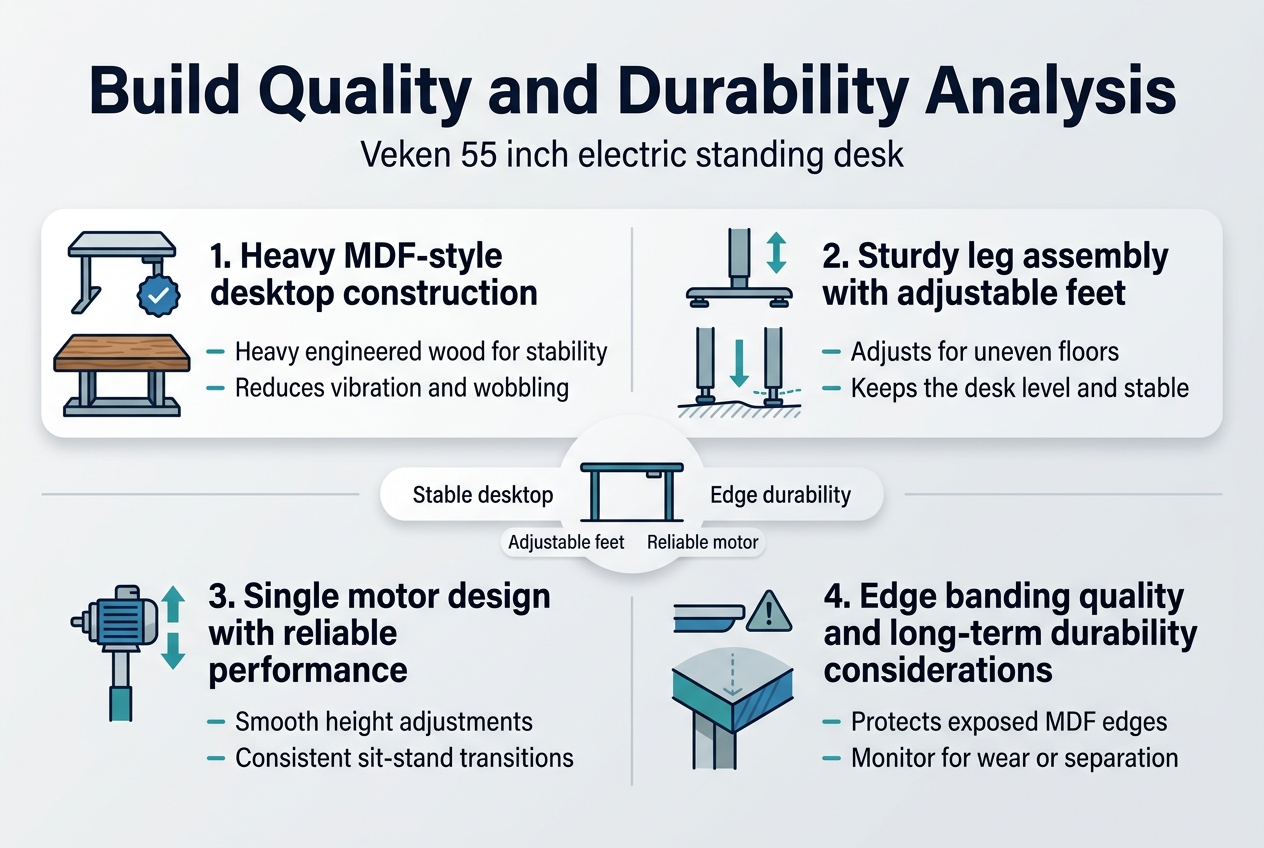 Create a clean, professional infographic illustration in a 3:2 landscape aspect ratio with a full-bleed background, wide horizontal layout, and no poster frame. Use a modern sans-serif font, dark navy text, teal and blue accent colors, light gray background, and subtle shadows. Place a bold headline across the top: "Build Quality and Durability Analysis". Under the title, add a short subtitle in smaller text: "Veken 55 inch electric standing desk".

Arrange the infographic into four wide horizontal information blocks across the page, with clear icons and numbered labels:

1. Left upper block with a large desktop icon and a small checkmark badge. Title text: "1. Heavy MDF-style desktop construction". Add two short bullet lines: "Heavy engineered wood for stability" and "Reduces vibration and wobbling". Show a thick, solid wood desktop surface with a stable base.

2. Right upper block with a leg and level icon. Title text: "2. Sturdy leg assembly with adjustable feet". Add two short bullet lines: "Adjusts for uneven floors" and "Keeps the desk level and stable". Show desk legs with adjustable feet touching slightly uneven floor lines.

3. Left lower block with a motor icon. Title text: "3. Single motor design with reliable performance". Add two short bullet lines: "Smooth height adjustments" and "Consistent sit-stand transitions". Show a simple motor mechanism with upward and downward arrows.

4. Right lower block with an edge protection icon and warning marker. Title text: "4. Edge banding quality and long-term durability considerations". Add two short bullet lines: "Protects exposed MDF edges" and "Monitor for wear or separation". Show a close-up of desk edge banding with a subtle caution symbol.

Add a small center strip or connector graphic showing a stable desk silhouette with labels around it: "Stable desktop", "Adjustable feet", "Reliable motor", and "Edge durability". Use clean dividers, rounded rectangles, and balanced spacing. Keep the layout airy, legible, and infographic-style with crisp vector shapes and minimal clutter.