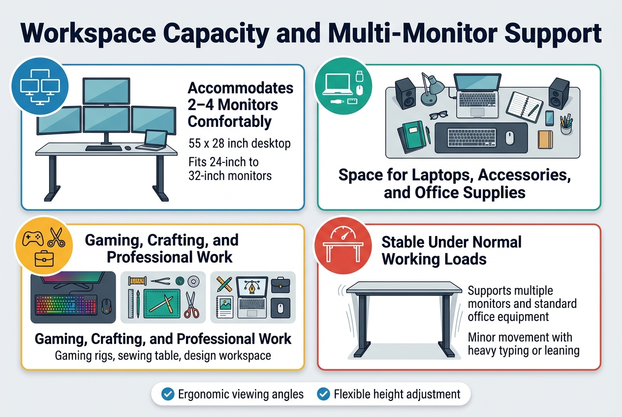 Create a clean professional infographic illustration in a full-bleed 3:2 layout, wide horizontal composition, no poster frame, no large outer margins. Use a modern sans-serif font with bold dark navy headings, teal and blue accent colors, light gray background, and orange/yellow highlight icons. 

Top banner across the full width: large bold title in dark navy text: "Workspace Capacity and Multi-Monitor Support"

Below the title, arrange four wide horizontal sections in a 2x2 grid with clear visual hierarchy, each section with a colored icon and short text block.

Section 1, upper left: show a desk with 4 monitor screens arranged side-by-side and slightly staggered, plus a small laptop on the desk. Add a blue circular icon with stacked monitor symbols. Headline text: "Accommodates 2–4 Monitors Comfortably" Supporting text: "55 x 28 inch desktop" and "Fits 24-inch to 32-inch monitors"

Section 2, upper right: show a spacious desktop layout with keyboard, mouse, laptop, notebook, desk lamp, speakers, and office supplies neatly spaced. Add a green circular icon with a laptop and accessory symbols. Headline text: "Space for Laptops, Accessories, and Office Supplies" Supporting text: "Organized hybrid workspace" and "Room for notes, tools, and supplies"

Section 3, lower left: show three smaller use-case panels inside one block: a gaming setup with RGB keyboard and controller, a crafting station with sewing tools and scissors, and a professional workstation with design and business icons. Add a yellow circular icon with a game controller, scissors, and briefcase. Headline text: "Gaming, Crafting, and Professional Work" Supporting text: "Gaming rigs, sewing table, design workspace"

Section 4, lower right: show the desk standing on sturdy legs with subtle motion lines only on one side to indicate slight movement under pressure, but stable overall. Add a red circular icon with a desk and stability gauge. Headline text: "Stable Under Normal Working Loads" Supporting text: "Supports multiple monitors and standard office equipment" and "Minor movement with heavy typing or leaning"

Include a small bottom strip with two checkmark badges at the bottom center: "Ergonomic viewing angles" and "Flexible height adjustment"

Use clean white section cards with thin colored borders, evenly spaced, with crisp flat vector icons, subtle shadows, and clear readable typography.