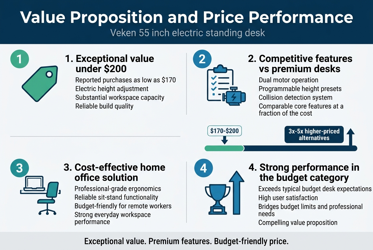 Create a clean, professional full-bleed infographic illustration in a 3:2 aspect ratio with a modern tech-office aesthetic, white background, deep blue and teal accents, subtle gray dividers, and bold sans-serif typography.

Top header across the full width:
"Value Proposition and Price Performance"
Subtitle directly below in smaller text:
"Veken 55 inch electric standing desk"

Layout: wide horizontal infographic with 4 numbered content blocks arranged in a 2x2 grid, each block with a large colored number circle, a simple icon, bold section title, and short supporting text. Include a small comparison graphic in the center-right showing a low price tag versus higher-priced desks.

Block 1, top left, with a green price-tag icon:
"1. Exceptional value under $200"
"Reported purchases as low as $170"
"Electric height adjustment"
"Substantial workspace capacity"
"Reliable build quality"

Block 2, top right, with a blue checklist icon and a small motor symbol:
"2. Competitive features vs premium desks"
"Dual motor operation"
"Programmable height presets"
"Collision detection system"
"Comparable core features at a fraction of the cost"

Block 3, bottom left, with a home office laptop and chair icon:
"3. Cost-effective home office solution"
"Professional-grade ergonomics"
"Reliable sit-stand functionality"
"Budget-friendly for remote workers"
"Strong everyday workspace performance"

Block 4, bottom right, with a trophy and upward arrow icon:
"4. Strong performance in the budget category"
"Exceeds typical budget desk expectations"
"High user satisfaction"
"Bridges budget limits and professional needs"
"Compelling value proposition"

Center-right comparison visual:
A horizontal price comparison bar with a small label on the left:
"$170-$200"
and a larger contrasting label on the right:
"3x-5x higher-priced alternatives"
Use a downward arrow toward the lower price and an upward arrow toward the higher price.

Add a small bottom callout strip spanning the width:
"Exceptional value. Premium features. Budget-friendly price."

Use strong hierarchy, crisp spacing, clean iconography, and readable text. No people. No clutter. No borders around the entire image.