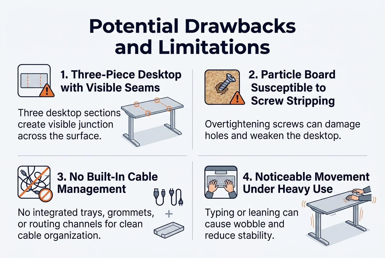 Full-bleed infographic illustration in 3:2 aspect ratio, clean professional modern style, white background with blue and gray accents, bold sans-serif fonts, clear visual hierarchy. Large title at the top center in dark navy: "Potential Drawbacks and Limitations". Below the title, arrange four wide horizontal content blocks in a balanced 2x2 grid across the canvas, with clear spacing and subtle divider lines.

Top-left block: a small icon of a desktop panel with visible seam lines and a warning triangle. Heading text: "1. Three-Piece Desktop with Visible Seams". Body text beneath: "Three desktop sections create visible junction lines across the surface." Use a light gray desk illustration with highlighted seam marks.

Top-right block: a particle board texture icon with a screw and stripped threads, plus a caution symbol. Heading text: "2. Particle Board Susceptible to Screw Stripping". Body text beneath: "Overtightening screws can damage holes and weaken the desktop." Show a close-up style icon of a damaged screw hole in compressed wood fiber.

Bottom-left block: a cable clutter icon with tangled wires and no cable tray symbol. Heading text: "3. No Built-In Cable Management". Body text beneath: "No integrated trays, grommets, or routing channels for clean cable organization." Add small icons of monitor cables, power cords, and a simple plus sign next to a separate accessory tray outline.

Bottom-right block: a desk icon with slight wobble lines and hands typing/resting on the edge. Heading text: "4. Noticeable Movement Under Heavy Use". Body text beneath: "Typing or leaning can cause wobble and reduce stability." Include motion lines around the desk legs and a subtle vibration effect.

Use dark navy headings, medium gray body text, and orange warning accents. Keep all text sharp, legible, left-aligned within each block. Add small numbered circles 1, 2, 3, 4 beside each section title. Maintain a polished infographic layout with no border frame, no extra text, and no people.