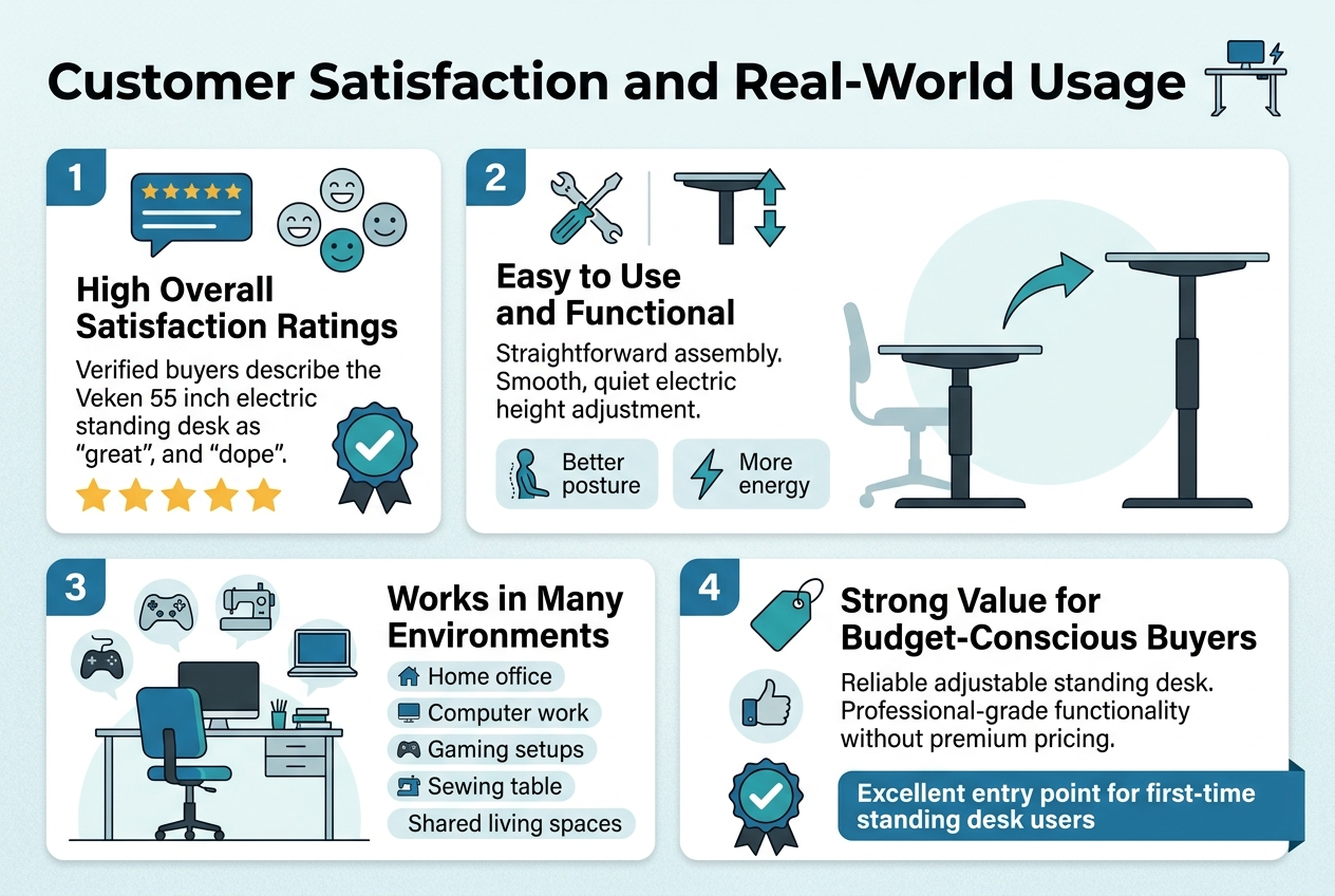 Create a clean, professional infographic illustration in full-bleed 3:2 aspect ratio with a modern blue, teal, white, and dark gray color palette, subtle light background texture, and crisp sans-serif typography. Place a bold headline across the top: "Customer Satisfaction and Real-World Usage" with a small electric standing desk icon beside it.

Use a wide 4-section horizontal layout with clear visual hierarchy and numbered blocks:

1) Left top block with a star-rating icon and smiling customer faces. Include the heading: "High Overall Satisfaction Ratings". Add short text: "Verified buyers describe the Veken 55 inch electric standing desk as 'fantastic', 'great', and 'dope'." Place five gold stars and a large checkmark badge.

2) Center top block with an assembly tool icon and up/down desk arrows. Include the heading: "Easy to Use and Functional". Add short text: "Straightforward assembly. Smooth, quiet electric height adjustment." Add two mini callouts below with icons: a posture icon labeled "Better posture" and a lightning bolt icon labeled "More energy".

3) Left bottom block with a home office desk scene and small icons for gaming controller, sewing machine, and laptop. Include the heading: "Works in Many Environments". Add short text: "Home office", "Computer work", "Gaming setups", "Sewing table", "Shared living spaces". Arrange these as five labeled icon chips.

4) Right bottom block with a price tag icon, thumbs-up icon, and recommendation badge. Include the heading: "Strong Value for Budget-Conscious Buyers". Add short text: "Reliable adjustable standing desk. Professional-grade functionality without premium pricing." Add a prominent callout banner: "Excellent entry point for first-time standing desk users".

Include a simple center-right visual of the standing desk in seated and standing positions with smooth arrow transition. Use clean dividers, rounded cards, and balanced spacing. Make all text large, legible, and exact as written.