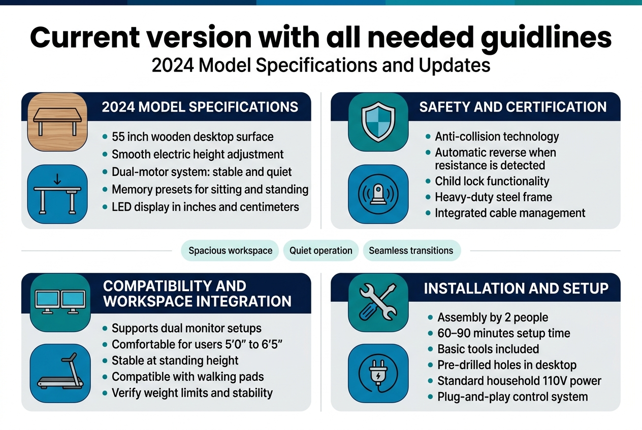 Create a clean, professional full-bleed infographic illustration in 3:2 landscape ratio with a modern office-tech aesthetic. Use a white background with deep navy headers, teal and blue accent colors, light gray section panels, and subtle wood and steel textures. Use bold sans-serif typography with strong hierarchy. Place a large bold title across the top: "Current version with all needed guidlines" and a smaller subtitle beneath: "2024 Model Specifications and Updates".

Arrange the infographic in a wide 2-row, 4-section layout with clear icon-based blocks and short text callouts:

Top row, left section: a wooden desktop icon and electric desk icon. Heading text: "2024 MODEL SPECIFICATIONS". Include bullets:
"55 inch wooden desktop surface"
"Smooth electric height adjustment"
"Dual-motor system: stable and quiet"
"Memory presets for sitting and standing"
"LED display in inches and centimeters"

Top row, right section: a shield icon and safety sensor icon. Heading text: "SAFETY AND CERTIFICATION". Include bullets:
"Anti-collision technology"
"Automatic reverse when resistance is detected"
"Child lock functionality"
"Heavy-duty steel frame"
"Integrated cable management"

Bottom row, left section: a dual-monitor icon and walking pad icon. Heading text: "COMPATIBILITY AND WORKSPACE INTEGRATION". Include bullets:
"Supports dual monitor setups"
"Comfortable for users 5'0\" to 6'5\""
"Stable at standing height"
"Compatible with walking pads"
"Verify weight limits and stability"

Bottom row, right section: a tools icon and plug icon. Heading text: "INSTALLATION AND SETUP". Include bullets:
"Assembly by 2 people"
"60–90 minutes setup time"
"Basic tools included"
"Pre-drilled holes in desktop"
"Standard household 110V power"
"Plug-and-play control system"

Add a slim horizontal highlight band near the center with three small feature badges:
"Spacious workspace"
"Quiet operation"
"Seamless transitions"

Use clean line icons, rounded section cards, consistent spacing, and strong alignment. Keep the layout wide and balanced with no vertical poster frame, no dense text blocks, and no decorative clutter.