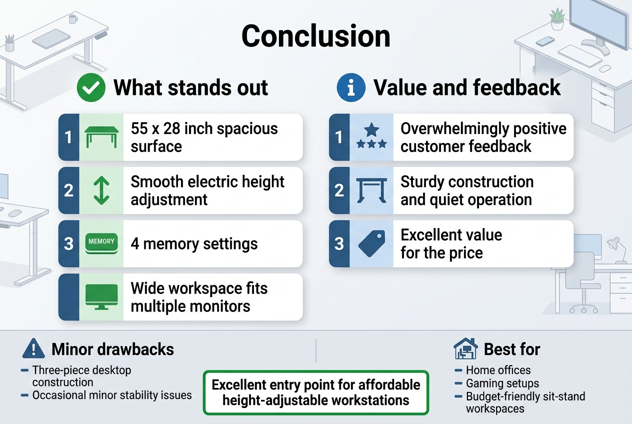 Create a clean, professional infographic illustration in a 3:2 landscape aspect ratio, full-bleed background, with a modern white and light-gray base, blue accents, and green highlight colors, using bold sans-serif typography and clear visual hierarchy.

Top center headline in large bold text: "Conclusion"

Below the title, arrange a wide two-column layout with balanced sections and simple flat icons.

Left main section, larger and prominent, with a green checkmark icon header and the heading: "What stands out"
Include three stacked numbered blocks with small matching icons:
1. A desk icon next to: "55 x 28 inch spacious surface"
2. An up-down arrow icon next to: "Smooth electric height adjustment"
3. A memory button icon next to: "4 memory settings"

Under these blocks, add a fourth wide block with a monitor icon and the text: "Wide workspace fits multiple monitors"

Right main section, slightly smaller, with a blue info icon header and the heading: "Value and feedback"
Include three stacked numbered blocks with simple icons:
1. A star rating icon next to: "Overwhelmingly positive customer feedback"
2. A sturdy frame icon next to: "Sturdy construction and quiet operation"
3. A price tag icon next to: "Excellent value for the price"

Along the bottom, add a full-width horizontal strip split into two small panels:
Left panel with a warning triangle icon and the heading: "Minor drawbacks"
Include two short bullet lines:
"Three-piece desktop construction"
"Occasional minor stability issues"

Right panel with a home office icon and the heading: "Best for"
Include three short bullet lines:
"Home offices"
"Gaming setups"
"Budget-friendly sit-stand workspaces"

Add a bottom-center final verdict box with a bold green outline and the text:
"Excellent entry point for affordable height-adjustable workstations"

Use subtle desk and workspace illustrations in the background, minimal and clean, with soft shadows, crisp spacing, and strong alignment. No frame border, no decorative poster border, no narrow vertical stack.