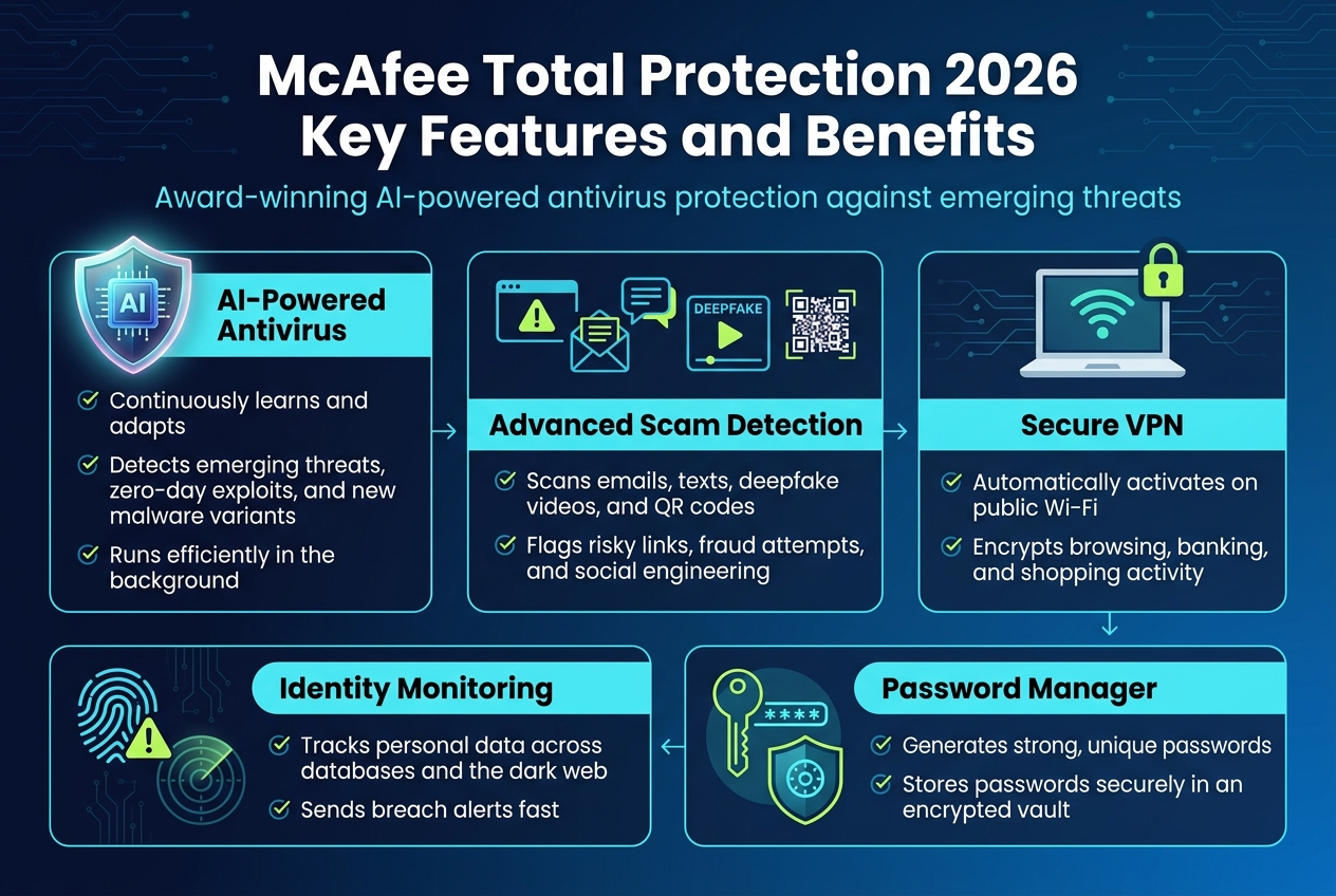 Create a clean, modern full-bleed infographic in a 3:2 aspect ratio with a dark navy-to-blue gradient background, subtle circuit/network patterns, and bright cyan, teal, white, and lime accent colors. Use a bold sans-serif font for headings and a clean readable sans-serif for body text.

Top center: large bold title in white text: "McAfee Total Protection 2026 Key Features and Benefits"
Directly below the title, a smaller subtitle in light cyan: "Award-winning AI-powered antivirus protection against emerging threats"

Arrange the content in five wide horizontal feature blocks across the canvas, using a balanced multi-column layout with clear spacing, not a vertical poster stack.

1) Left upper block:
- A glowing shield icon with an AI chip inside
- Heading: "AI-Powered Antivirus"
- Body text: "Continuously learns and adapts"
- Body text: "Detects emerging threats, zero-day exploits, and new malware variants"
- Body text: "Runs efficiently in the background"

2) Upper center block:
- A warning message icon, email envelope, chat bubble, deepfake video play icon, and QR code icon grouped together
- Heading: "Advanced Scam Detection"
- Body text: "Scans emails, texts, deepfake videos, and QR codes"
- Body text: "Flags risky links, fraud attempts, and social engineering"

3) Upper right block:
- A laptop with Wi‑Fi waves and a lock icon
- Heading: "Secure VPN"
- Body text: "Automatically activates on public Wi‑Fi"
- Body text: "Encrypts browsing, banking, and shopping activity"

4) Lower left block:
- A fingerprint icon with alert symbol and dark web radar rings
- Heading: "Identity Monitoring"
- Body text: "Tracks personal data across databases and the dark web"
- Body text: "Sends breach alerts fast"

5) Lower right block:
- A password key icon and shielded vault icon
- Heading: "Password Manager"
- Body text: "Generates strong, unique passwords"
- Body text: "Stores passwords securely in an encrypted vault"

Add small connector lines or arrows between blocks for flow. Use white text on dark panels with cyan header bars, rounded rectangles, and small checkmark accents. Include subtle security-themed icons and polished tech infographic styling. Keep all text crisp, legible, and exactly as written.