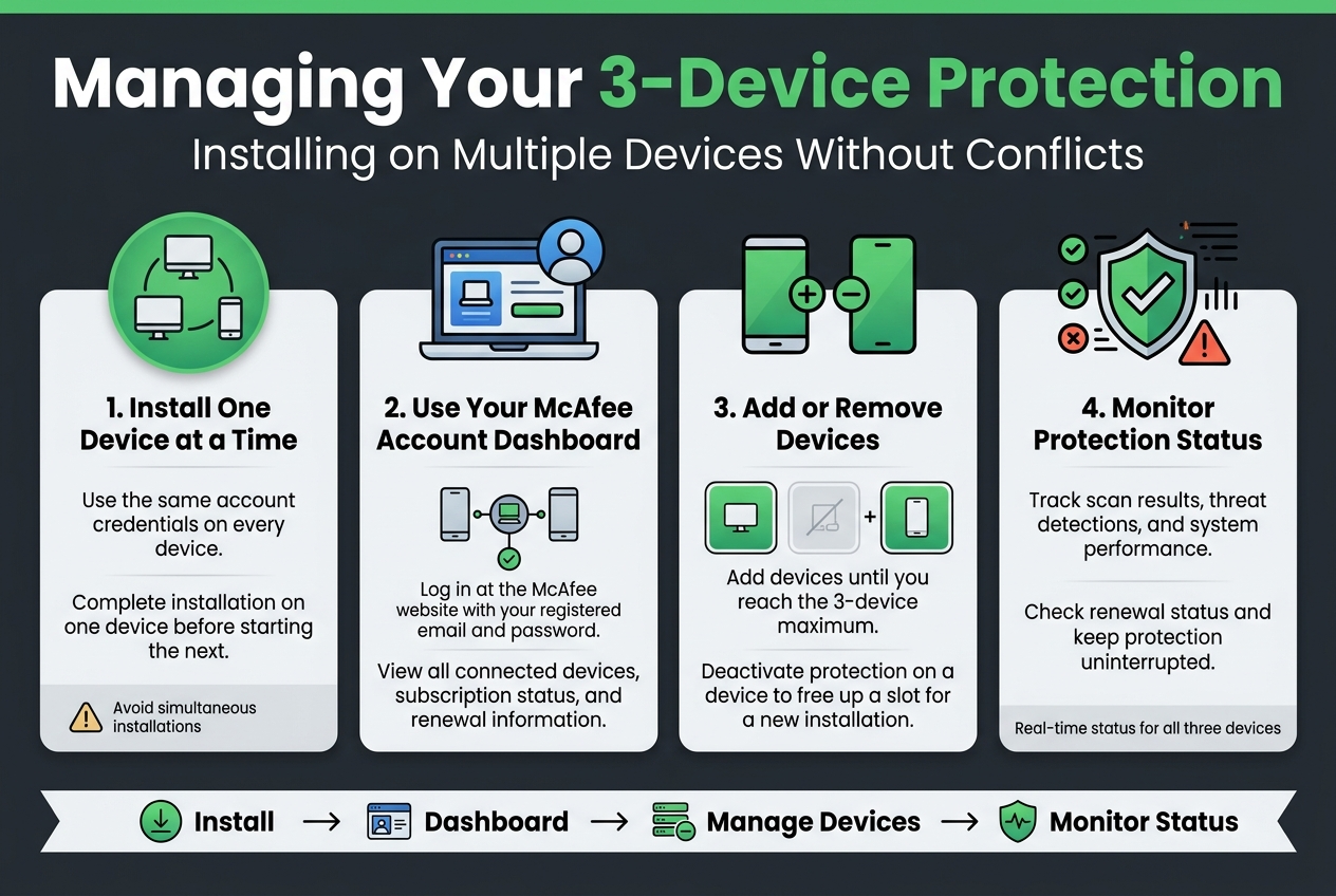 Create a clean, professional infographic in a 3:2 aspect ratio, full-bleed wide layout with no frame, using McAfee-style colors: dark charcoal background, bright green accents, white text, and light gray panels. Use bold modern sans-serif typography with a clear visual hierarchy.

Top header across full width:
Large bold title in white and green: "Managing Your 3-Device Protection"
Smaller subtitle beneath: "Installing on Multiple Devices Without Conflicts"

Below the header, create a wide 4-section horizontal infographic with evenly spaced blocks and icons, not a vertical stack.

Section 1 on the left: 
Green circular icon of three connected devices.
Heading: "1. Install One Device at a Time"
Body text: "Use the same account credentials on every device."
Body text: "Complete installation on one device before starting the next."
Small warning icon next to text: "Avoid simultaneous installations"

Section 2 left-center:
Blue dashboard icon with a laptop and user profile.
Heading: "2. Use Your McAfee Account Dashboard"
Body text: "Log in at the McAfee website with your registered email and password."
Body text: "View all connected devices, subscription status, and renewal information."
Include a small central hub graphic linking three devices.

Section 3 right-center:
Green plus and minus device icons.
Heading: "3. Add or Remove Devices"
Body text: "Add devices until you reach the 3-device maximum."
Body text: "Deactivate protection on a device to free up a slot for a new installation."
Show three device tiles with one tile highlighted, one removed, one added.

Section 4 on the right:
Shield status icon with checkmarks, scan lines, and alert symbols.
Heading: "4. Monitor Protection Status"
Body text: "Track scan results, threat detections, and system performance."
Body text: "Check renewal status and keep protection uninterrupted."
Small line of text at bottom: "Real-time status for all three devices"

Add a bottom-wide ribbon with a simple flow diagram: "Install" → "Dashboard" → "Manage Devices" → "Monitor Status" using arrows and small icons. Keep spacing balanced, use subtle gradients, rounded rectangles, and crisp infographic-style vector art.