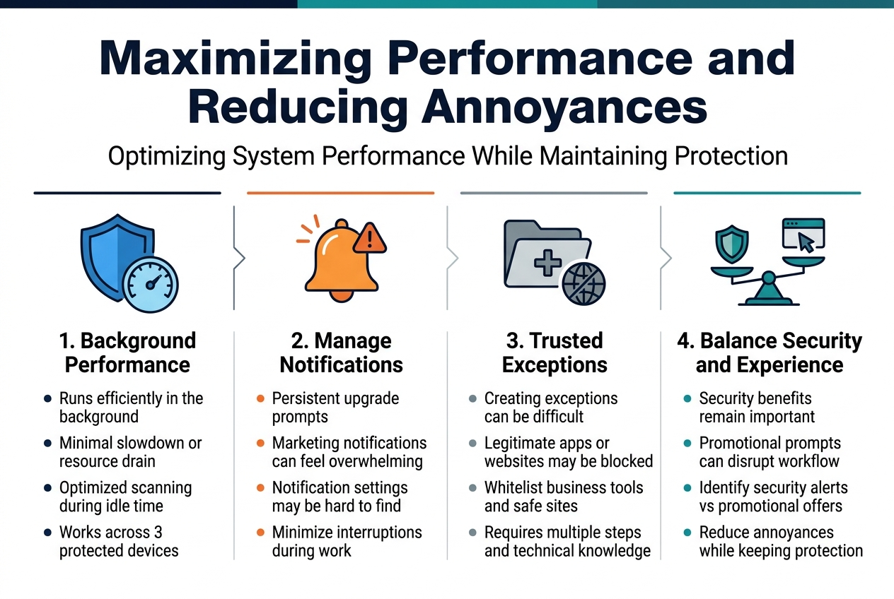 Create a full-bleed professional infographic in 3:2 aspect ratio with a clean modern security theme, dark navy, teal, white, and orange accent colors, using bold sans-serif typography and clear iconography.

Top across the full width: large bold title text:
"Maximizing Performance and Reducing Annoyances"

Directly below the title, a smaller subtitle:
"Optimizing System Performance While Maintaining Protection"

Main body: a wide 4-section horizontal layout with four evenly spaced panels or blocks across the page, each with a numbered circle, a simple icon, a bold section heading, and 2–3 short bullet points.

Section 1 on the left: blue shield and speedometer icon, heading:
"1. Background Performance"
Bullets:
"Runs efficiently in the background"
"Minimal slowdown or resource drain"
"Optimized scanning during idle time"
"Works across 3 protected devices"

Section 2 left-center: orange notification bell icon with alert marks, heading:
"2. Manage Notifications"
Bullets:
"Persistent upgrade prompts"
"Marketing notifications can feel overwhelming"
"Notification settings may be hard to find"
"Minimize interruptions during work"

Section 3 right-center: gray folder-and-plus icon with a blocked app and globe symbol, heading:
"3. Trusted Exceptions"
Bullets:
"Creating exceptions can be difficult"
"Legitimate apps or websites may be blocked"
"Whitelist business tools and safe sites"
"Requires multiple steps and technical knowledge"

Section 4 on the right: balanced scales icon with shield on one side and cursor/popup on the other, heading:
"4. Balance Security and Experience"
Bullets:
"Security benefits remain important"
"Promotional prompts can disrupt workflow"
"Identify security alerts vs promotional offers"
"Reduce annoyances while keeping protection"

Add small connecting arrows or subtle divider lines between the four panels to show flow from performance to notifications to exceptions to balance. Use clean white space, crisp edges, and a sleek cybersecurity infographic style. Keep all text legible and aligned, with strong hierarchy and no extra text.
