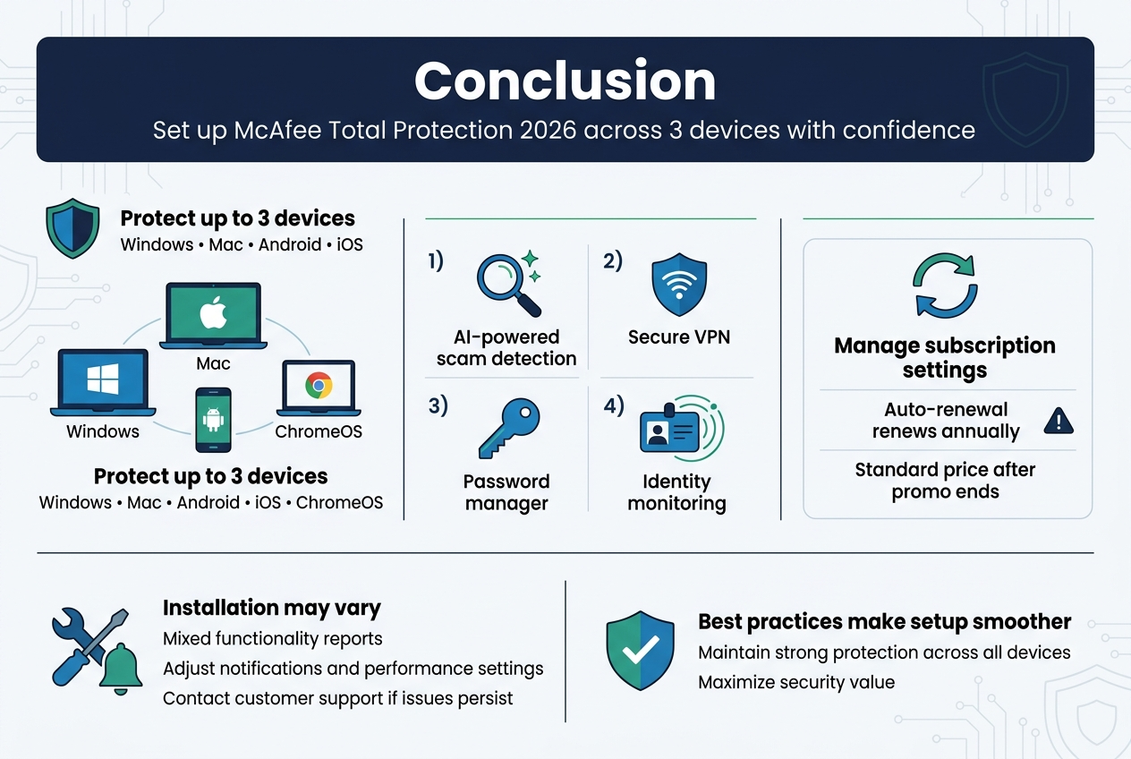 Create a clean, professional infographic illustration in a 3:2 aspect ratio with a full-bleed wide layout, no poster frame, no inset margins, using a modern tech style in dark navy, teal, blue, and white with subtle green accents. Place a bold heading at the top center: "Conclusion". Use a wide horizontal composition with five clearly separated sections across the page, each with a simple icon and short text block. Use a sans-serif font, strong visual hierarchy, and crisp flat-vector style.

Top section: large title in bold white on a dark navy banner. Under the title, a smaller subtitle line: "Set up McAfee Total Protection 2026 across 3 devices with confidence".

Center left section: a cluster of three device icons labeled "Windows", "Mac", and "Mobile", with a small ChromeOS laptop icon nearby, all connected by thin lines. Add the text: "Protect up to 3 devices" and "Windows • Mac • Android • iOS • ChromeOS". Use a shield icon beside this group.

Center middle section: a row of feature cards with icons:
1) a magnifying glass with sparkle icon and the text "AI-powered scam detection"
2) a shield with Wi‑Fi waves icon and the text "Secure VPN"
3) a key icon and the text "Password manager"
4) an ID card and radar icon and the text "Identity monitoring"

Center right section: a subscription card with a circular refresh arrow icon and the text:
"Manage subscription settings"
"Auto-renewal renews annually"
"Standard price after promo ends"
Use a small warning triangle icon next to "Auto-renewal".

Bottom left section: a troubleshooting card with a wrench and notification bell icon and the text:
"Installation may vary"
"Mixed functionality reports"
"Adjust notifications and performance settings"
"Contact customer support if issues persist"

Bottom right section: a final benefits card with a checkmark shield icon and the text:
"Best practices make setup smoother"
"Maintain strong protection across all devices"
"Maximize security value"

Use thin dividing lines, rounded rectangles, and clean spacing. Keep all text legible and concise. Add subtle background patterns of circuits and shield outlines, very light and unobtrusive. The overall look should be polished, corporate, and easy to scan.