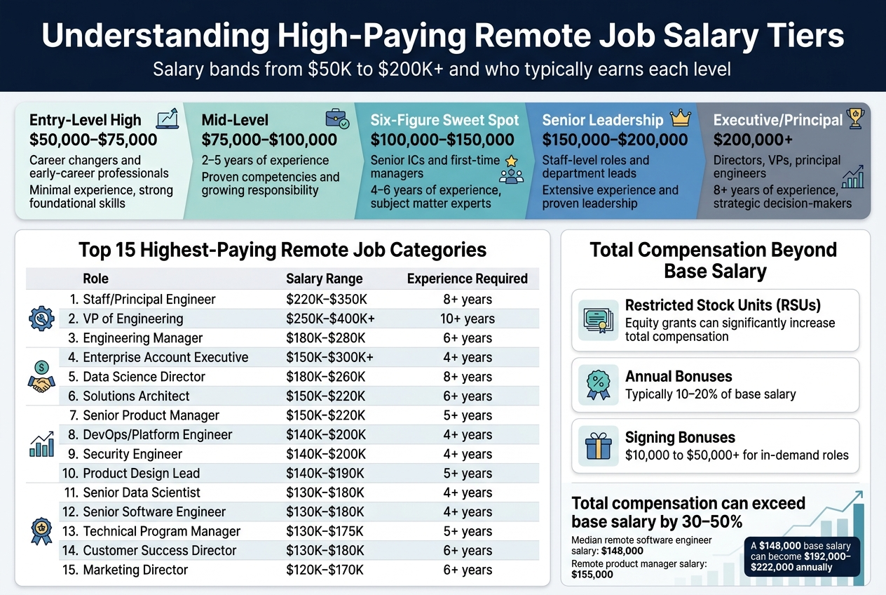Create a clean, modern full-bleed infographic in a 3:2 landscape aspect ratio with a professional tech-finance style. Use a white background with navy, teal, blue, and gold accents. Use bold sans-serif typography for headings and smaller readable sans-serif body text. Layout should be wide and multi-section, not a vertical poster.
Top header across the full width:
Big bold title text: "Understanding High-Paying Remote Job Salary Tiers"
Smaller subtitle text beneath: "Salary bands from $50K to $200K+ and who typically earns each level"
Left-to-right horizontal salary tier band across the upper-middle section, split into 5 colored blocks with simple icons in each block:
1. "Entry-Level High"
"$50,000–$75,000"
"Career changers and early-career professionals"
"Minimal experience, strong foundational skills"
Icon: simple upward arrow and laptop
2. "Mid-Level"
"$75,000–$100,000"
"2–5 years of experience"
"Proven competencies and growing responsibility"
Icon: briefcase and checkmark
3. "Six-Figure Sweet Spot"
"$100,000–$150,000"
"Senior ICs and first-time managers"
"4–6 years of experience, subject matter experts"
Icon: star and people/leadership icon
4. "Senior Leadership"
"$150,000–$200,000"
"Staff-level roles and department leads"
"Extensive experience and proven leadership"
Icon: crown and team icon
5. "Executive/Principal"
"$200,000+"
"Directors, VPs, principal engineers"
"8+ years of experience, strategic decision-makers"
Icon: trophy and upward graph
Below, create a wide two-column section.
Left column heading:
"Top 15 Highest-Paying Remote Job Categories"
Add a clean table or stacked ranked list with three columns labeled:
"Role" | "Salary Range" | "Experience Required"
Include these 15 rows exactly:
1. "Staff/Principal Engineer" | "$220K–$350K" | "8+ years"
2. "VP of Engineering" | "$250K–$400K+" | "10+ years"
3. "Engineering Manager" | "$180K–$280K" | "6+ years"
4. "Enterprise Account Executive" | "$150K–$300K+" | "4+ years"
5. "Data Science Director" | "$180K–$260K" | "8+ years"
6. "Solutions Architect" | "$150K–$220K" | "6+ years"
7. "Senior Product Manager" | "$150K–$220K" | "5+ years"
8. "DevOps/Platform Engineer" | "$140K–$200K" | "4+ years"
9. "Security Engineer" | "$140K–$200K" | "4+ years"
10. "Product Design Lead" | "$140K–$190K" | "5+ years"
11. "Senior Data Scientist" | "$130K–$180K" | "4+ years"
12. "Senior Software Engineer" | "$130K–$180K" | "4+ years"
13. "Technical Program Manager" | "$130K–$175K" | "5+ years"
14. "Customer Success Director" | "$130K–$180K" | "6+ years"
15. "Marketing Director" | "$120K–$170K" | "6+ years"
Use small icons by role groups: engineering gear, sales handshake, analytics chart, leadership badge.
Right column heading:
"Total Compensation Beyond Base Salary"
Create three stacked info cards with icons:
Card 1 title: "Restricted Stock Units (RSUs)"
Text: "Equity grants can significantly increase total compensation"
Icon: stacked stock certificate or share icon
Card 2 title: "Annual Bonuses"
Text: "Typically 10–20% of base salary"
Icon: bonus ribbon or percentage icon
Card 3 title: "Signing Bonuses"
Text: "$10,000 to $50,000+ for in-demand roles"
Icon: gift box or dollar sign icon
Bottom summary strip with a prominent numeric callout and mini chart:
Headline text: "Total compensation can exceed base salary by 30–50%"
Smaller text: "Median remote software engineer salary: $148,000"
Smaller text: "Remote product manager salary: $155,000"
Callout box: "A $148,000 base salary can become $192,000–$222,000 annually"
Add subtle bar-chart or upward line graphic near the summary strip. Use clear spacing, thin dividers, rounded cards, and strong visual hierarchy. Keep all text crisp, aligned, and fully readable. No people, no photo-realism, no 3D render, only clean infographic shapes and icons.