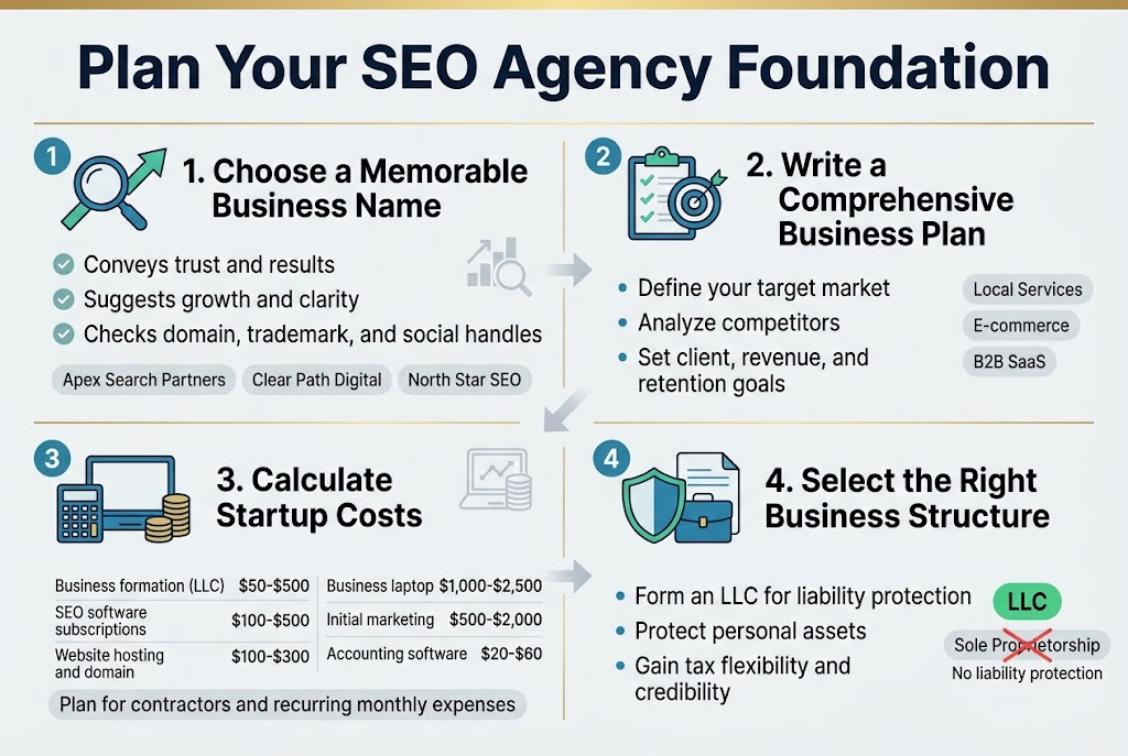Create a clean, professional infographic illustration in a 3:2 landscape aspect ratio with a full-bleed layout, wide horizontal sections, and no inset poster frame. Use a modern sans-serif font, bold dark navy headings, teal and blue accent colors, light gray background, and subtle gold highlights. Title at the top spanning full width: "Plan Your SEO Agency Foundation".
Organize the infographic into 4 wide horizontal blocks or a 2x2 grid across the page, each with a numbered circle, a clear icon, a bold subheading, and short supporting text.
Section 1, upper left: a magnifying glass and upward arrow icon. Heading: "1. Choose a Memorable Business Name". Add 3 small check-mark bullets with the exact text:
- "Conveys trust and results"
- "Suggests growth and clarity"
- "Checks domain, trademark, and social handles"
Include three small example name chips below: "Apex Search Partners", "Clear Path Digital", "North Star SEO".
Section 2, upper right: a clipboard and target icon. Heading: "2. Write a Comprehensive Business Plan". Add 3 bullets:
- "Define your target market"
- "Analyze competitors"
- "Set client, revenue, and retention goals"
Show small industry tags beside it: "Local Services", "E-commerce", "B2B SaaS".
Section 3, lower left: a calculator, laptop, and stack of coins icon. Heading: "3. Calculate Startup Costs". Add a compact cost list in two columns with the exact labels and ranges:
- "Business formation (LLC) $50-$500"
- "SEO software subscriptions $100-$500"
- "Website hosting and domain $100-$300"
- "Business laptop $1,000-$2,500"
- "Initial marketing $500-$2,000"
- "Accounting software $20-$60"
Add a small line below: "Plan for contractors and recurring monthly expenses".
Section 4, lower right: a shield, briefcase, and document icon. Heading: "4. Select the Right Business Structure". Add 3 bullets:
- "Form an LLC for liability protection"
- "Protect personal assets"
- "Gain tax flexibility and credibility"
Include a small comparison badge or mini callout: "LLC" highlighted in green and "Sole Proprietorship" crossed out in red with the text "No liability protection".
Use clear hierarchy: large title, bold section headings, medium-sized bullet text, and visually separated blocks with thin divider lines. Add subtle icons and arrows showing progression from top-left to bottom-right. Keep text crisp and readable, evenly spaced, and aligned to a balanced wide infographic composition.