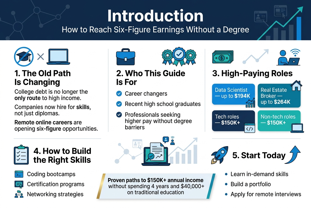 Create a clean, professional infographic illustration in a 3:2 aspect ratio with a full-bleed layout and no inset frame. Use a modern sans-serif font, bold headings, and a polished corporate color palette of deep navy, bright blue, teal, white, and subtle gold accents.

Top header across the full width:
Large bold title text: "Introduction"
Smaller subtitle text beneath: "How to Reach Six-Figure Earnings Without a Degree"

Main layout: wide horizontal, multi-section design with 4 clear blocks across the canvas, using icons and numbered points.

Left section, with a graduation cap icon crossed out and a laptop icon:
Heading: "1. The Old Path Is Changing"
Body text:
"College debt is no longer the only route to high income."
"Companies now hire for skills, not just diplomas."
"Remote online careers are opening six-figure opportunities."

Upper center section, with a briefcase icon and skill badge icons:
Heading: "2. Who This Guide Is For"
Three short bullet points with small check icons:
"Career changers"
"Recent high school graduates"
"Professionals seeking higher pay without degree barriers"

Right center section, with a money icon and remote work icon:
Heading: "3. High-Paying Roles"
Use four compact salary callouts in colored cards:
"Data Scientist — up to $194K"
"Real Estate Broker — up to $264K"
"Tech roles — $150K+"
"Non-tech roles — $150K+"
Include small icons for analytics, house, code, and laptop beside the cards.

Bottom left section, with a checklist icon:
Heading: "4. How to Build the Right Skills"
Three icon bullets:
"Coding bootcamps"
"Certification programs"
"Networking strategies"

Bottom right section, with a rocket icon and upward arrow:
Heading: "5. Start Today"
Three action bullets:
"Learn in-demand skills"
"Build a portfolio"
"Apply for remote interviews"

Add a slim horizontal banner near the bottom center with a highlighted gold accent:
Text: "Proven paths to $150K+ annual income without spending 4 years and $40,000+ on traditional education"

Use subtle background graphics of connected nodes, upward trend lines, and small digital/remote work motifs. Keep all text crisp and highly legible, with strong visual hierarchy, spacious alignment, and balanced spacing across the wide canvas.