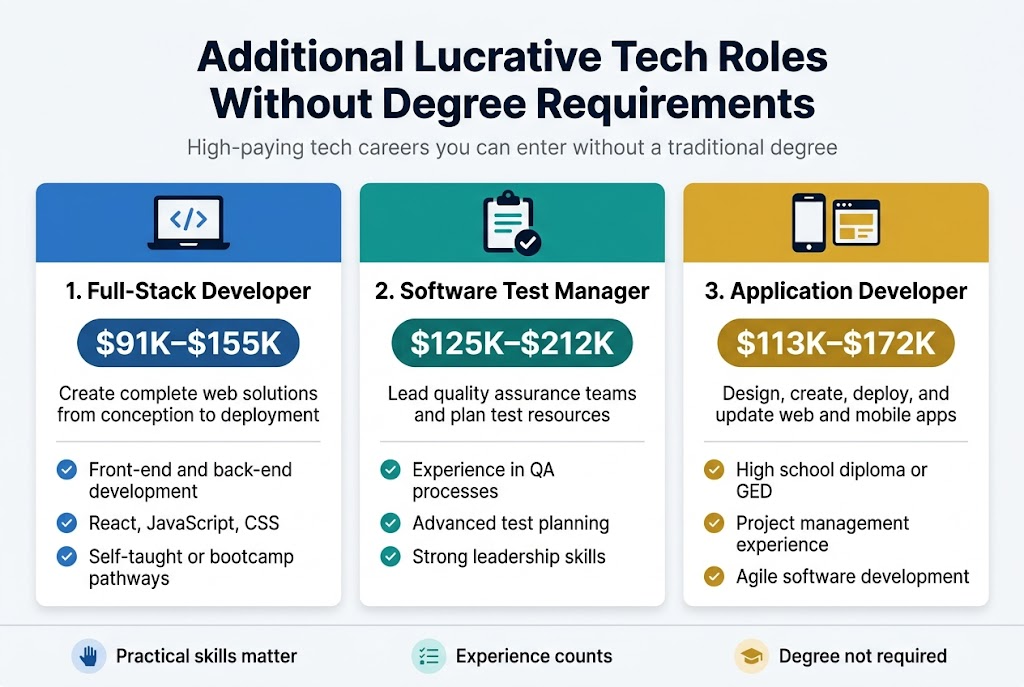 Create a clean, modern full-bleed infographic in a 3:2 landscape layout about “Additional Lucrative Tech Roles Without Degree Requirements.” Use a white background with deep navy, teal, blue, and gold accents. Use bold sans-serif typography, strong hierarchy, and wide horizontal sections arranged in three equal columns across the page.

Top center header:
Large bold title text: “Additional Lucrative Tech Roles Without Degree Requirements”
Small subtitle below in gray: “High-paying tech careers you can enter without a traditional degree”

Below the header, create three side-by-side professional role cards with colored top bars, simple flat icons, salary highlights, and requirement bullets.

Left column card:
Blue top bar with a laptop and code brackets icon.
Heading: “1. Full-Stack Developer”
Large salary badge: “$91K–$155K”
Short description text: “Create complete web solutions from conception to deployment”
Three bullet points with small check icons:
“Front-end and back-end development”
“React, JavaScript, CSS”
“Self-taught or bootcamp pathways”

Center column card:
Teal top bar with a clipboard and checkmark icon.
Heading: “2. Software Test Manager”
Large salary badge: “$125K–$212K”
Short description text: “Lead quality assurance teams and plan test resources”
Three bullet points with small check icons:
“Experience in QA processes”
“Advanced test planning”
“Strong leadership skills”

Right column card:
Gold top bar with a smartphone and app window icon.
Heading: “3. Application Developer”
Large salary badge: “$113K–$172K”
Short description text: “Design, create, deploy, and update web and mobile apps”
Three bullet points with small check icons:
“High school diploma or GED”
“Project management experience”
“Agile software development”

Add a slim horizontal footer strip across the bottom with three small rounded icons and short labels:
“Practical skills matter”
“Experience counts”
“Degree not required”

Use clear spacing, aligned elements, and visually distinct section boxes. Keep the layout balanced, readable, and polished, with no extra text beyond the specified wording.