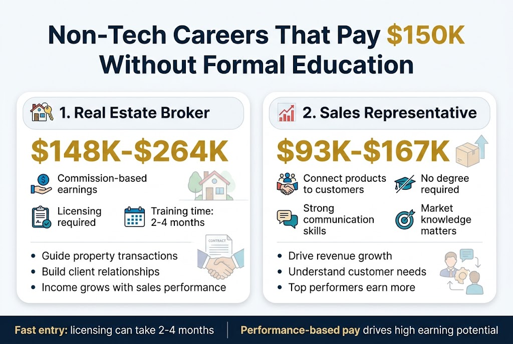 Create a clean, professional full-bleed infographic in a 3:2 landscape aspect ratio with a white background, deep navy and teal accents, and gold highlight numbers. Use modern sans-serif fonts with a bold title at the top spanning the width.

Top header:
Large bold title centered across the top: "Non-Tech Careers That Pay $150K Without Formal Education"

Main layout:
Use two wide horizontal sections beneath the title, split into two equal columns or stacked side-by-side cards.

Left section card:
Heading with a small real estate house-and-key icon: "1. Real Estate Broker"
Large gold salary range text: "$148K-$264K"
Add a blue commission icon and label: "Commission-based earnings"
Add a clipboard or license icon with text: "Licensing required"
Add a calendar icon with text: "Training time: 2-4 months"
Add three short bullet points in a neat list:
"Guide property transactions"
"Build client relationships"
"Income grows with sales performance"
Include subtle visuals of a house, contract, and handshake.

Right section card:
Heading with a red sales chart icon: "2. Sales Representative"
Large gold salary range text: "$93K-$167K"
Add a people/handshake icon and label: "Connect products to customers"
Add a graduation-cap-with-slash icon and text: "No degree required"
Add a speech bubble icon with text: "Strong communication skills"
Add a market/target icon with text: "Market knowledge matters"
Add three short bullet points in a neat list:
"Drive revenue growth"
"Understand customer needs"
"Top performers earn more"
Include subtle visuals of a product box, upward arrow, and customer interaction.

Bottom footer band:
Across the bottom, place a dark navy band with two highlighted takeaways separated by a thin vertical line:
"Fast entry: licensing can take 2-4 months"
"Performance-based pay drives high earning potential"

Design details:
Use clean line icons, rounded cards, clear spacing, and strong visual hierarchy. Highlight salary figures in large bold gold text. Make the layout wide, balanced, and uncluttered, with professional business-infographic styling.