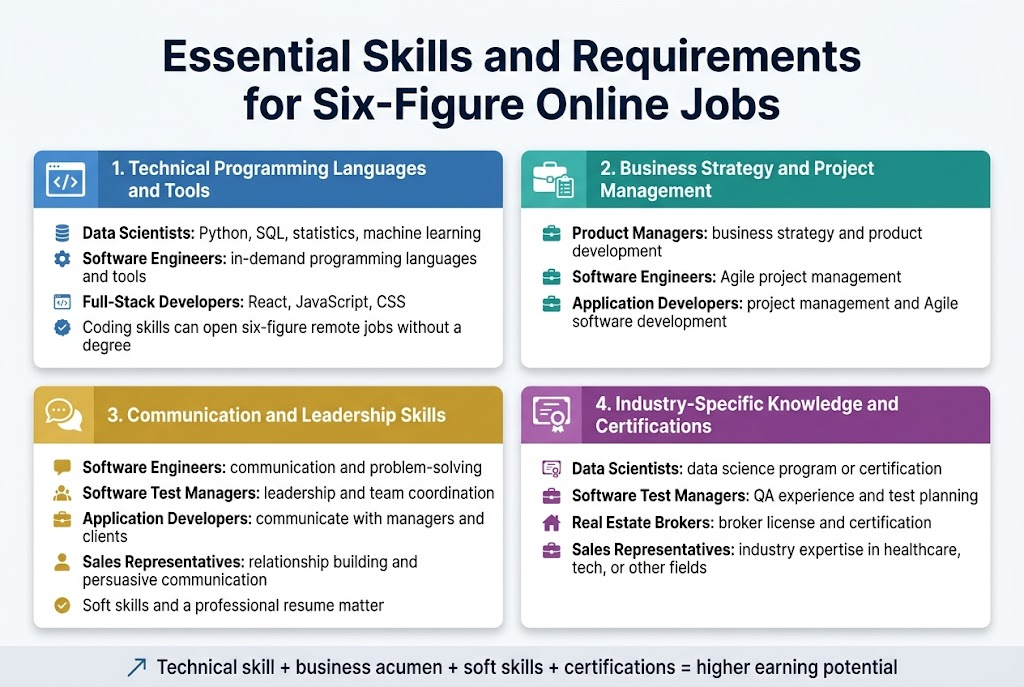 Create a clean, professional infographic in a 3:2 wide aspect ratio, full-bleed background, no poster frame, no inset margins. Use a modern corporate style with white background, deep navy headings, teal and blue accent blocks, small gold highlights, and a sans-serif font family. 

Top center: large bold title in dark navy:
"Essential Skills and Requirements for Six-Figure Online Jobs"

Below the title, arrange four wide horizontal content blocks in a 2x2 grid across the page, each with a colored header bar, a simple flat icon, and short bullet text. Use clear visual hierarchy, bold section titles, and neatly aligned icons on the left of each block.

Top left block:
Blue header with a code bracket icon.
Title: "1. Technical Programming Languages and Tools"
Bullets:
"Data Scientists: Python, SQL, statistics, machine learning"
"Software Engineers: in-demand programming languages and tools"
"Full-Stack Developers: React, JavaScript, CSS"
"Coding skills can open six-figure remote jobs without a degree"

Top right block:
Teal header with a briefcase and clipboard icon.
Title: "2. Business Strategy and Project Management"
Bullets:
"Product Managers: business strategy and product development"
"Software Engineers: Agile project management"
"Application Developers: project management and Agile software development"

Bottom left block:
Gold header with a speech bubble and leadership icon.
Title: "3. Communication and Leadership Skills"
Bullets:
"Software Engineers: communication and problem-solving"
"Software Test Managers: leadership and team coordination"
"Application Developers: communicate with managers and clients"
"Sales Representatives: relationship building and persuasive communication"
"Soft skills and a professional resume matter"

Bottom right block:
Purple header with a certificate and badge icon.
Title: "4. Industry-Specific Knowledge and Certifications"
Bullets:
"Data Scientists: data science program or certification"
"Software Test Managers: QA experience and test planning"
"Real Estate Brokers: broker license and certification"
"Sales Representatives: industry expertise in healthcare, tech, or other fields"

Add a slim footer strip across the bottom with a subtle upward-arrow icon and the text:
"Technical skill + business acumen + soft skills + certifications = higher earning potential"

Use clean spacing, thin divider lines, subtle shadowed cards, and small matching icons for each bullet category. Keep the layout balanced, wide, and easy to scan.