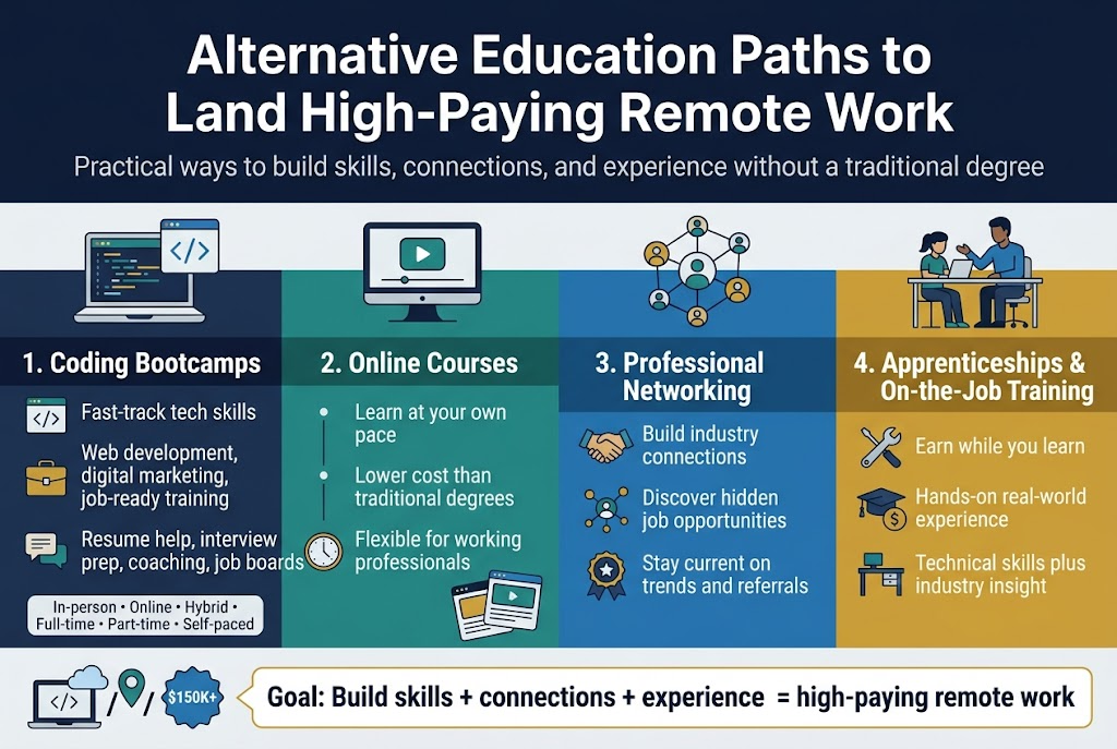 Aspect ratio 3:2, full-bleed modern infographic illustration, clean professional flat vector style, wide horizontal multi-section layout, no poster frame, no inset margins. Bold शीर्ष top heading centered in large sans-serif font: "Alternative Education Paths to Land High-Paying Remote Work". Add a smaller subtitle beneath in lighter weight: "Practical ways to build skills, connections, and experience without a traditional degree".

Use a 4-column horizontal layout across the middle and lower area with numbered sections, each in a distinct colored block with an icon. Color palette: deep navy, teal, blue, gold, white, light gray accents. Minimal shadows, crisp lines, high contrast, professional tech/career aesthetic.

Section 1 on left with a laptop/code icon and title: "1. Coding Bootcamps". Include three short bullets:
"Fast-track tech skills"
"Web development, digital marketing, job-ready training"
"Resume help, interview prep, coaching, job boards"
Add small icons beside bullets: code brackets, briefcase, chat bubble.
Include a small label chip at bottom: "In-person • Online • Hybrid • Full-time • Part-time • Self-paced"

Section 2 next to it with an online learning icon of a monitor and play button, title: "2. Online Courses". Include three short bullets:
"Learn at your own pace"
"Lower cost than traditional degrees"
"Flexible for working professionals"
Add a small clock icon and a stack of course cards.

Section 3 with a networking icon of connected people nodes, title: "3. Professional Networking". Include three short bullets:
"Build industry connections"
"Discover hidden job opportunities"
"Stay current on trends and referrals"
Add icons: handshake, network nodes, star badge.

Section 4 on right with an apprenticeship icon of a person learning beside a mentor at a desk, title: "4. Apprenticeships & On-the-Job Training". Include three short bullets:
"Earn while you learn"
"Hands-on real-world experience"
"Technical skills plus industry insight"
Add icons: wrench, graduation cap, dollar sign, desk.

At the bottom spanning the full width, include a highlighted callout banner with bold text: "Goal: Build skills + connections + experience = high-paying remote work". Add a small remote-work icon set: laptop, cloud, location pin with slash, and a six-figure badge reading "$150K+". Use clean hierarchy, clear spacing, readable typography, and visually balanced blocks across the wide canvas.